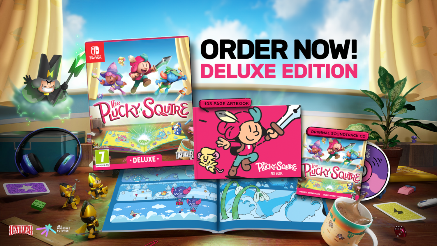 A Plucky Squire Deluxe kiadása, Nintendo Switch dobozzal, művészeti könyvvel és soundtrack CD-vel.