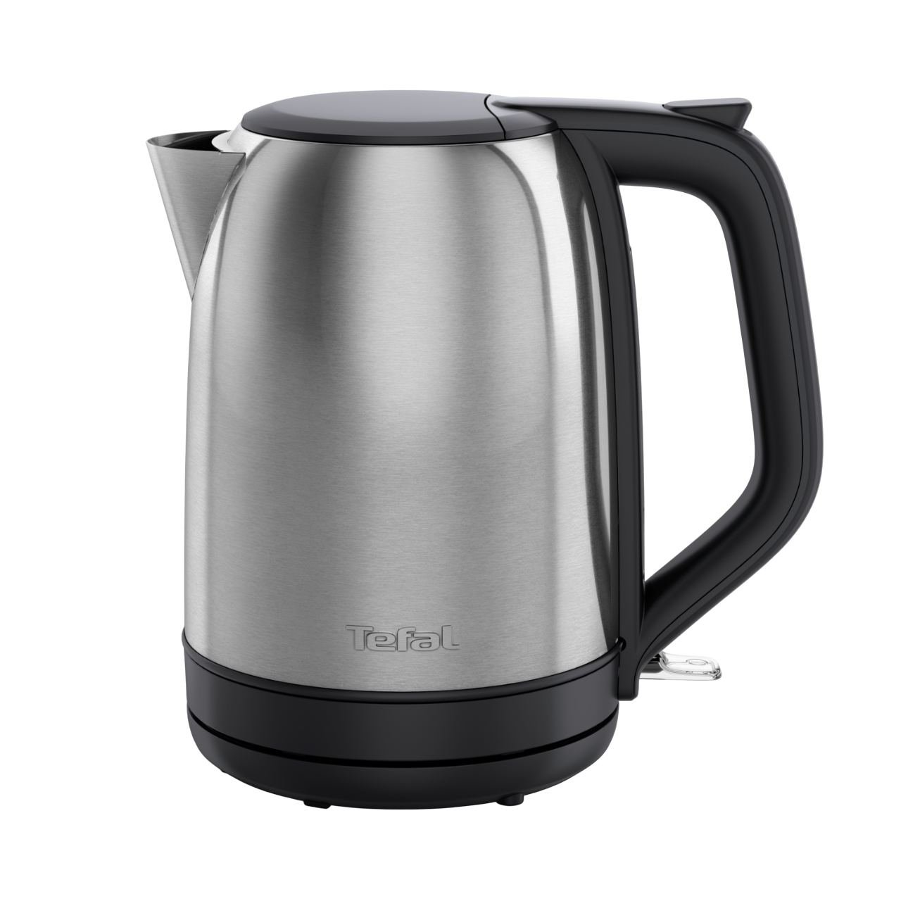 Ein Edelstahl-Tefal-Wasserkocher mit schwarzem Griff, vor schwarzem Hintergrund.
