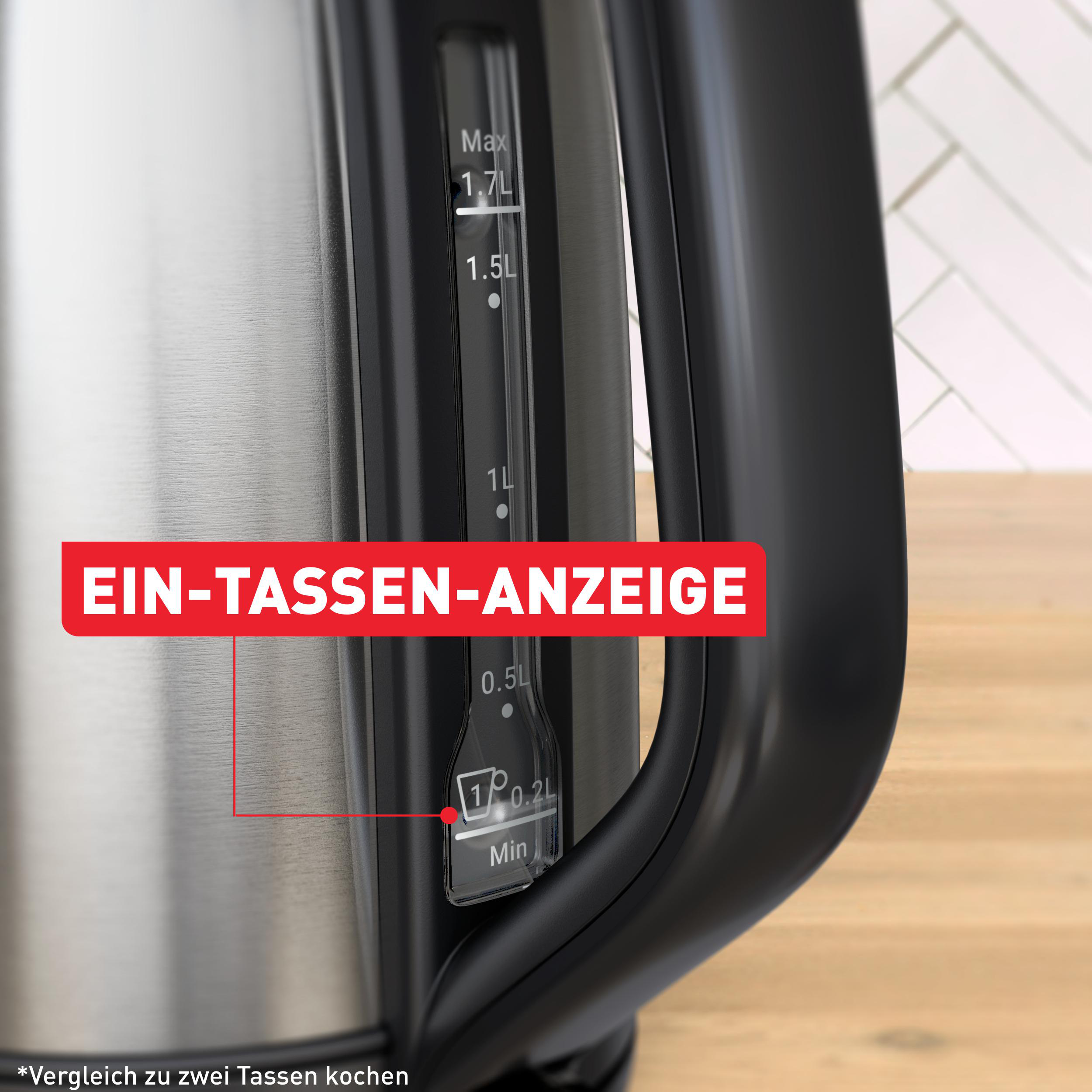 Nahaufnahme eines Wasserkochers mit Wasserstandsanzeige. Text lautet 'Ein-Tassen-Anzeige'.