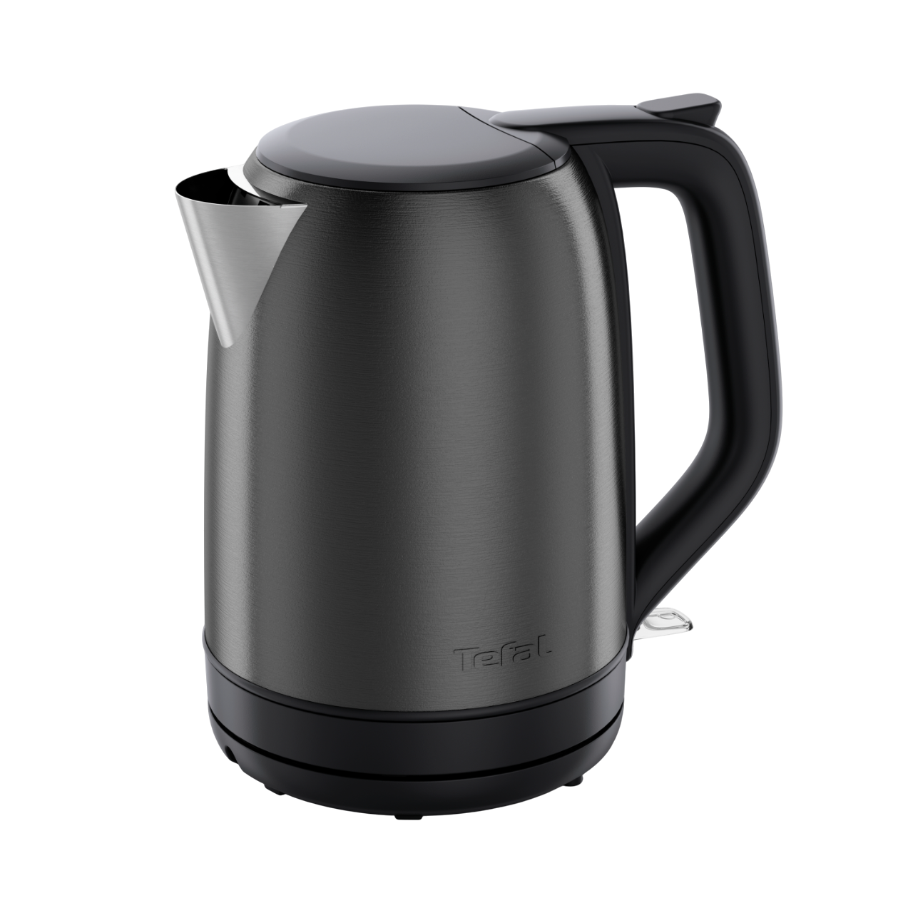 Schwarzer Wasserkocher auf schwarzem Hintergrund. Tefal-Logo. Der Wasserkocher ist ein schlankes, modernes Design.