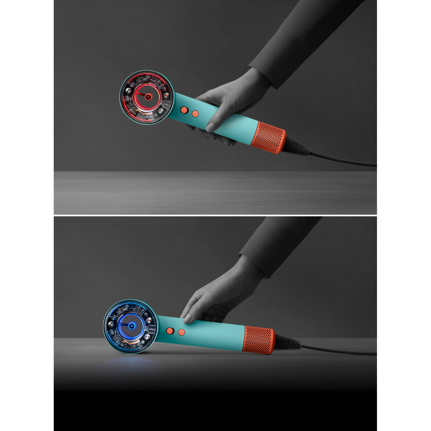 A teal and orange hairdryer held by a person. The hairdryer's internal components are visible, with red and blue lights. A black cord is attached.