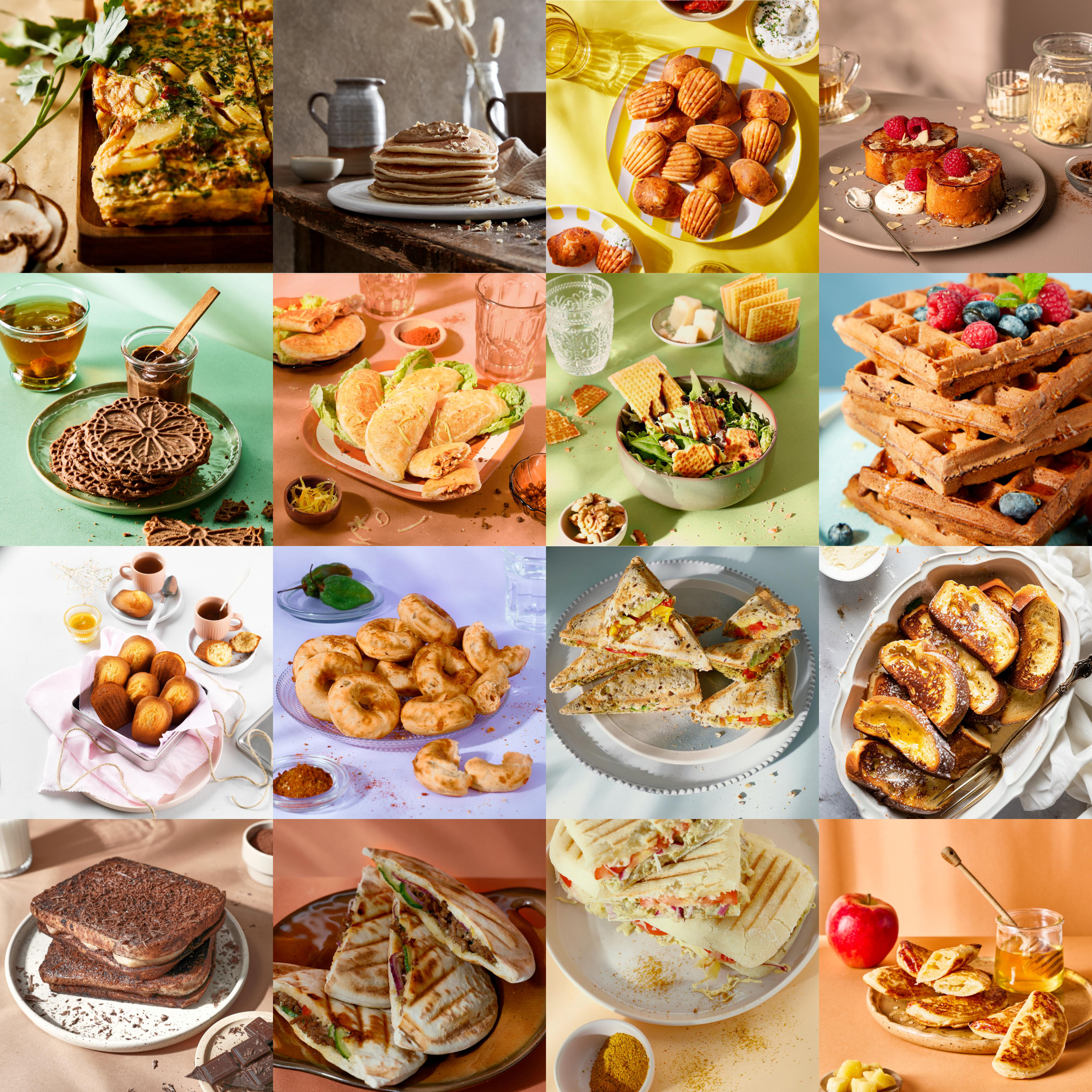 Eine Collage verschiedener Gerichte wie Waffeln, Pfannkuchen und Sandwiches mit verschiedenen Zutaten.