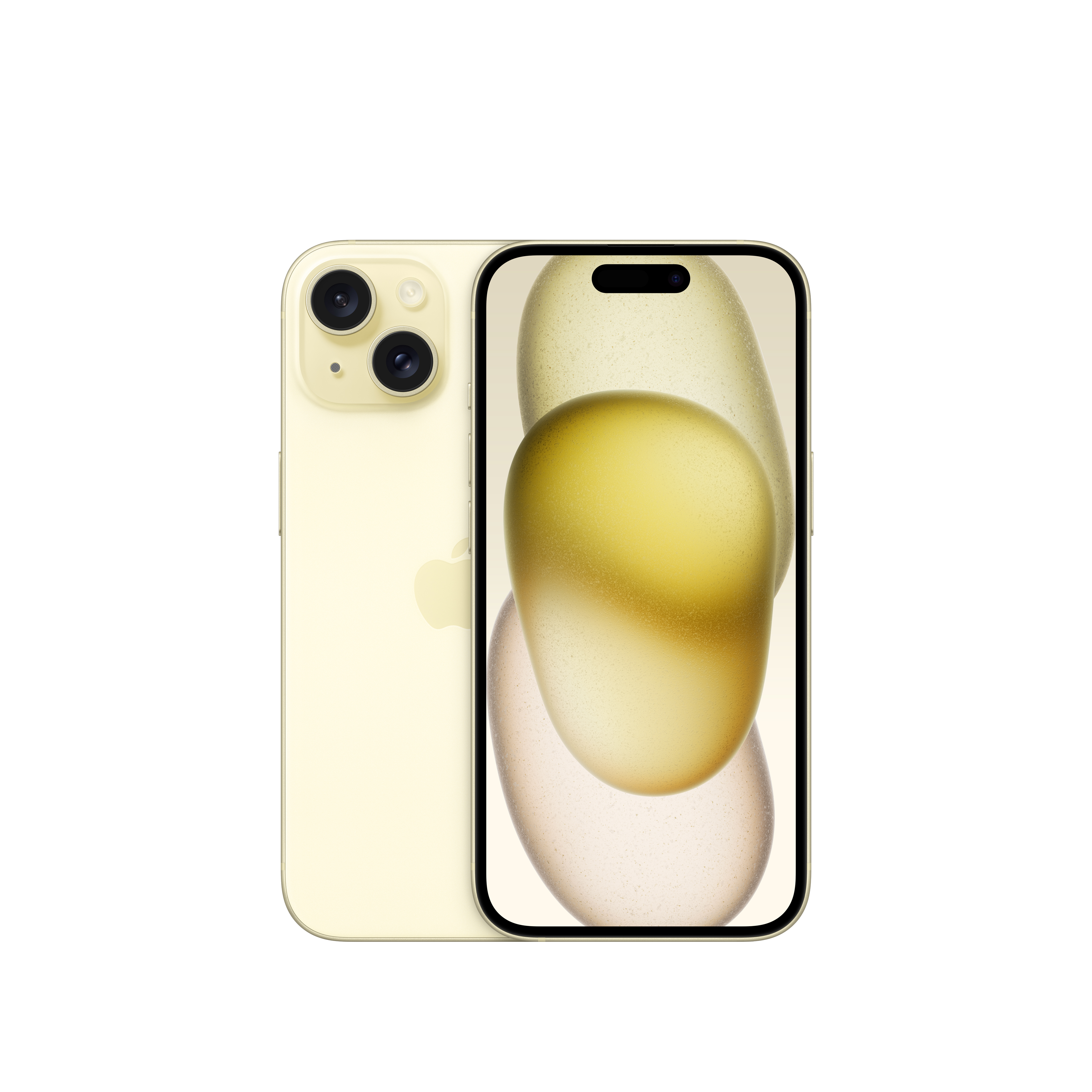 Arkada iki kamerası olan ve soyut şekiller gösteren bir ekranı olan açık sarı bir telefon.