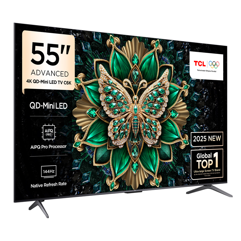 Bir kelebek ve dekoratif öğeler içeren renkli bir görüntü gösteren 55 inçlik bir TCL TV.