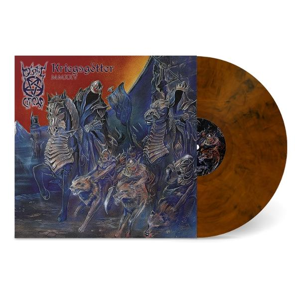 Albumcover mit Kriegern auf Pferden und Wölfen, braune Schallplatte. Das Cover hat einen Dark-Fantasy-Kunststil.