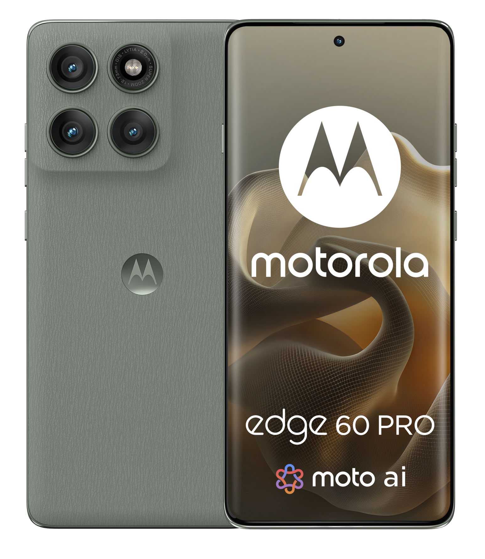 Telefon Motorola Edge 60 Pro, szary tył z aparatami i ekranem wyświetlającym logo marki i nazwę modelu.