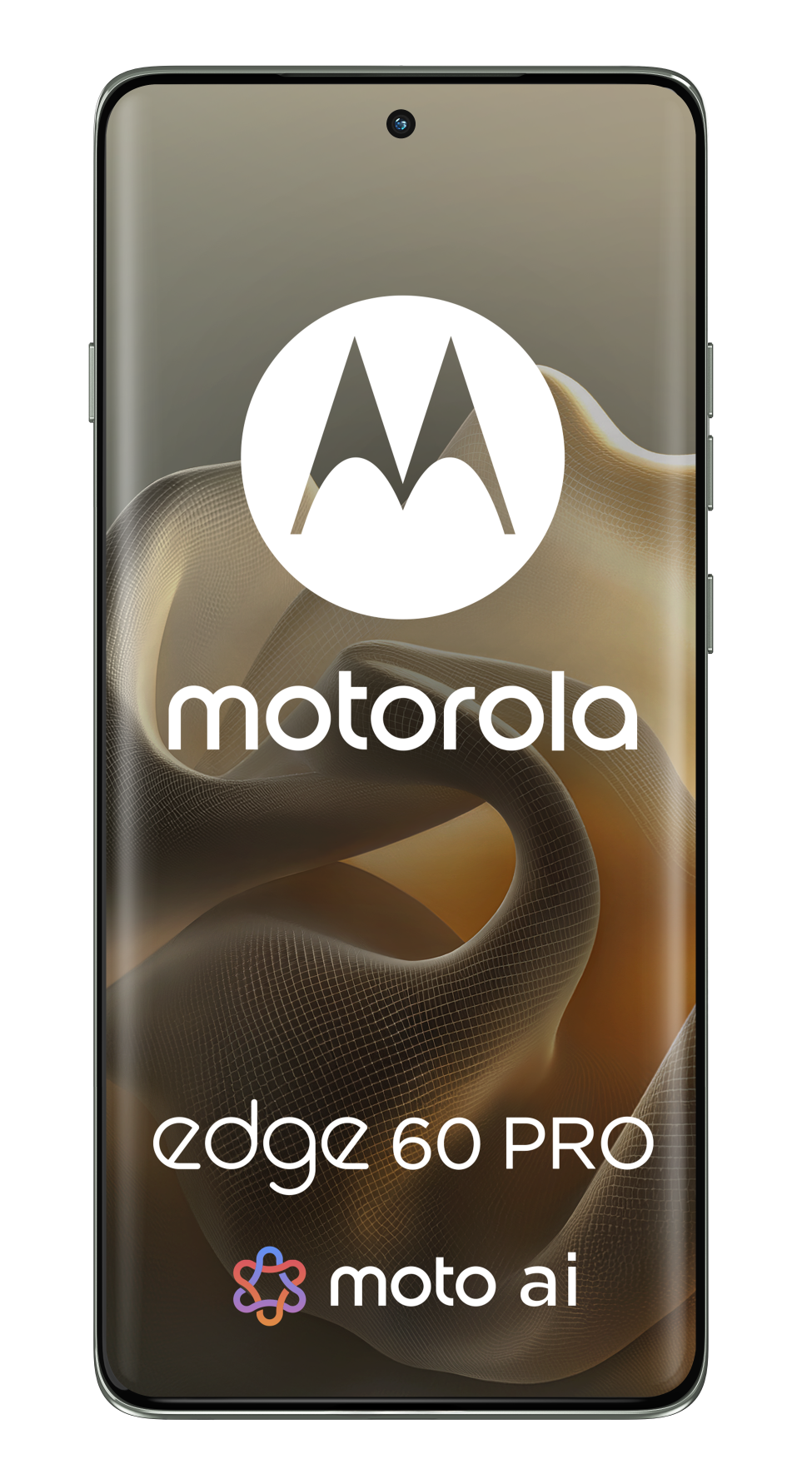Telefon Motorola Edge 60 Pro z ekranem wyświetlającym logo marki, nazwę modelu i abstrakcyjne tło na czarnym tle.