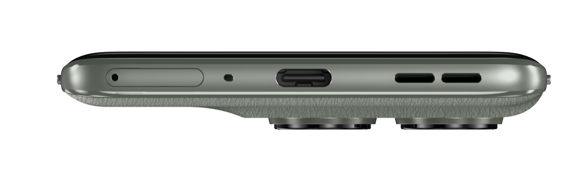 Zbliżenie dolnej części szarego telefonu, z portem USB-C i otworami głośników. Telefon leży na czarnej powierzchni.