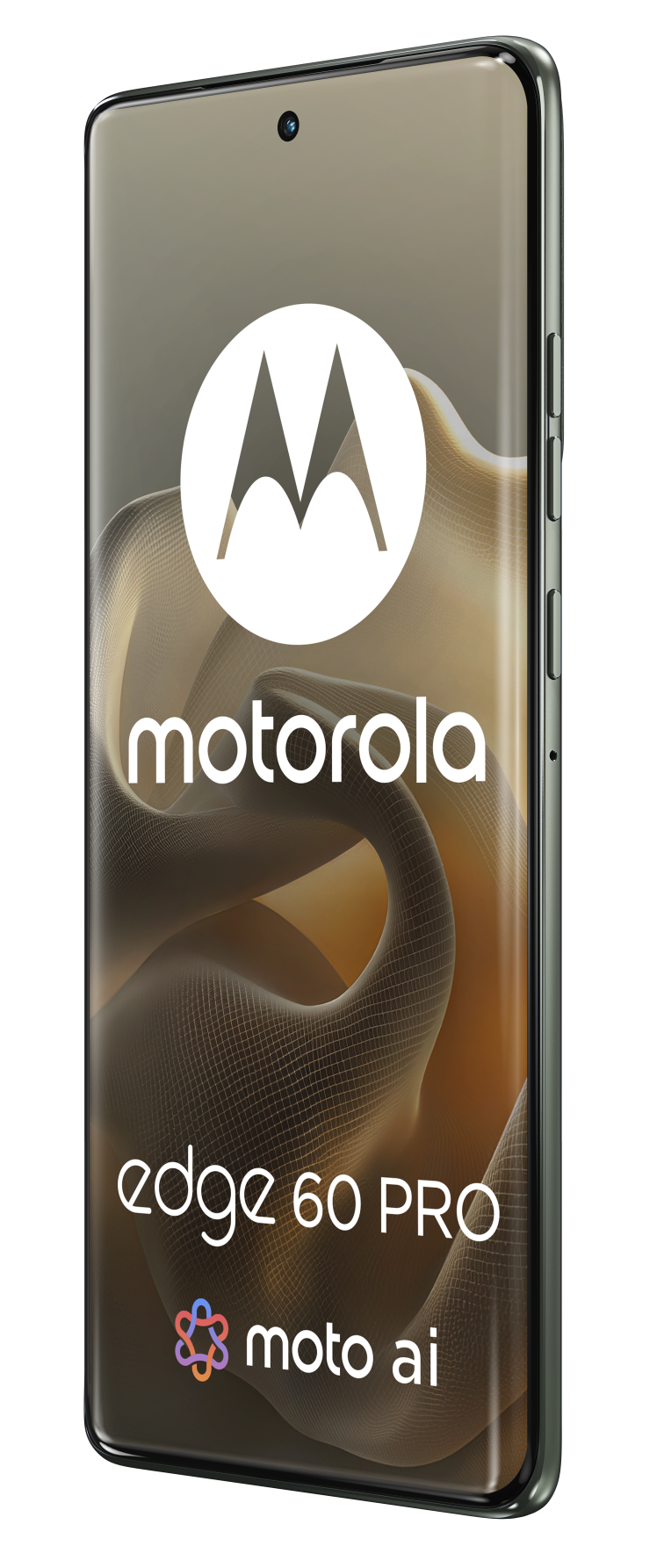 Telefon Motorola Edge 60 Pro z ekranem wyświetlającym logo marki, nazwę modelu i abstrakcyjne tło na czarnym tle.