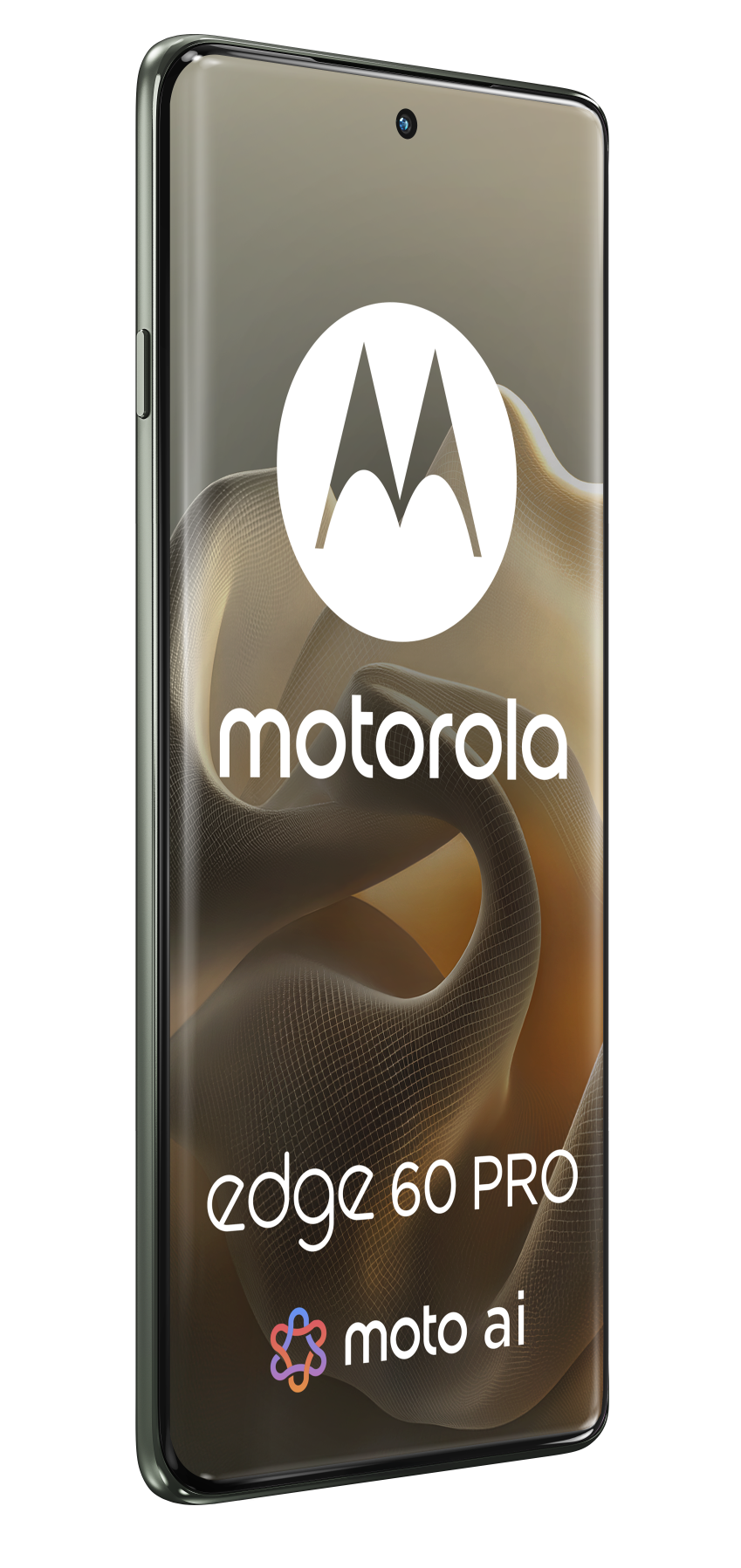 Telefon Motorola Edge 60 Pro z ekranem wyświetlającym logo marki, nazwę modelu i abstrakcyjne tło na czarnym tle.