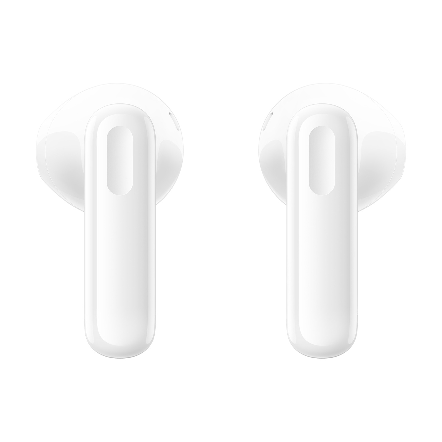Due auricolari bianchi su sfondo bianco. Ogni auricolare ha una testa arrotondata e un gambo lungo e rettangolare.