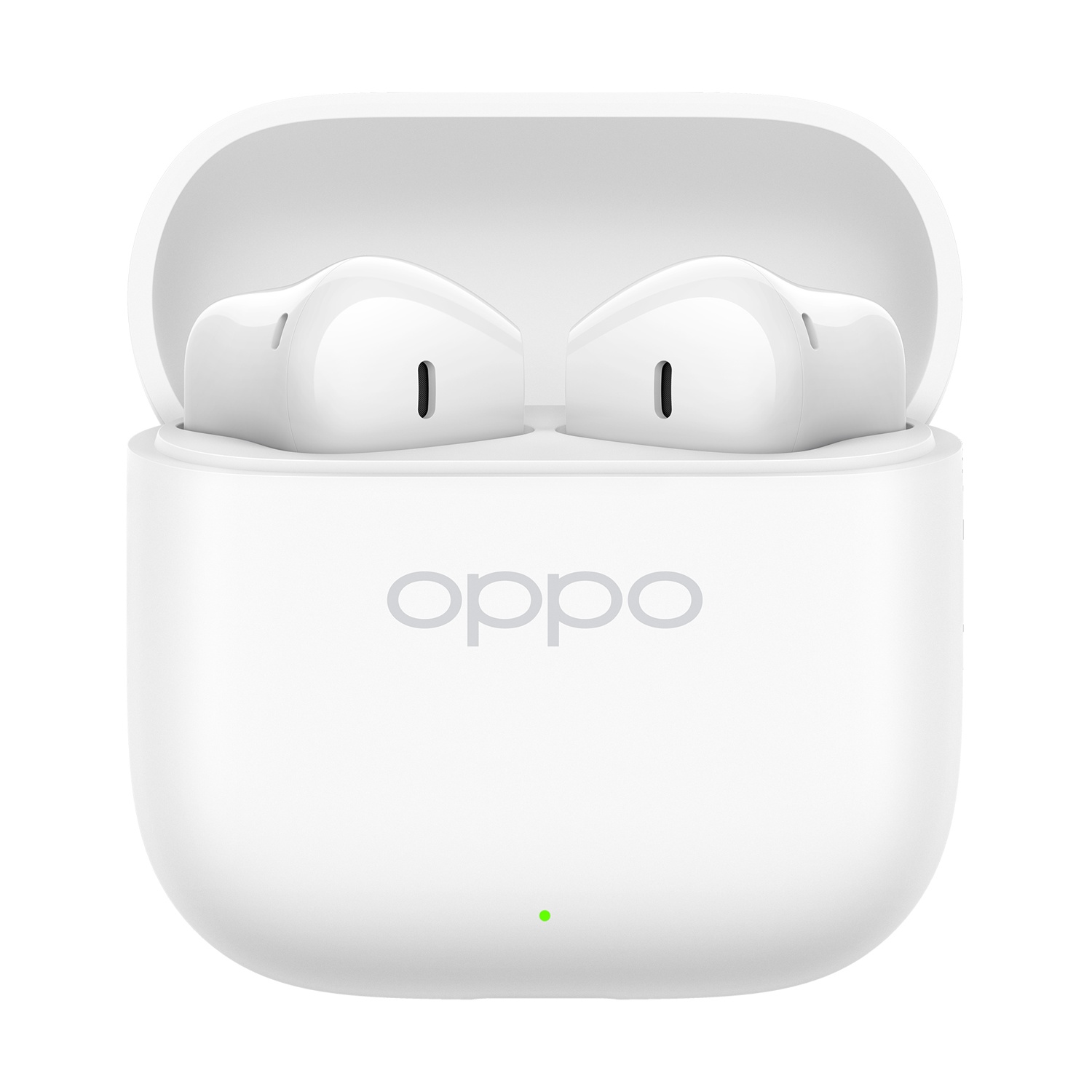 Auricolari Oppo bianchi all'interno di una custodia di ricarica bianca. La custodia è aperta.