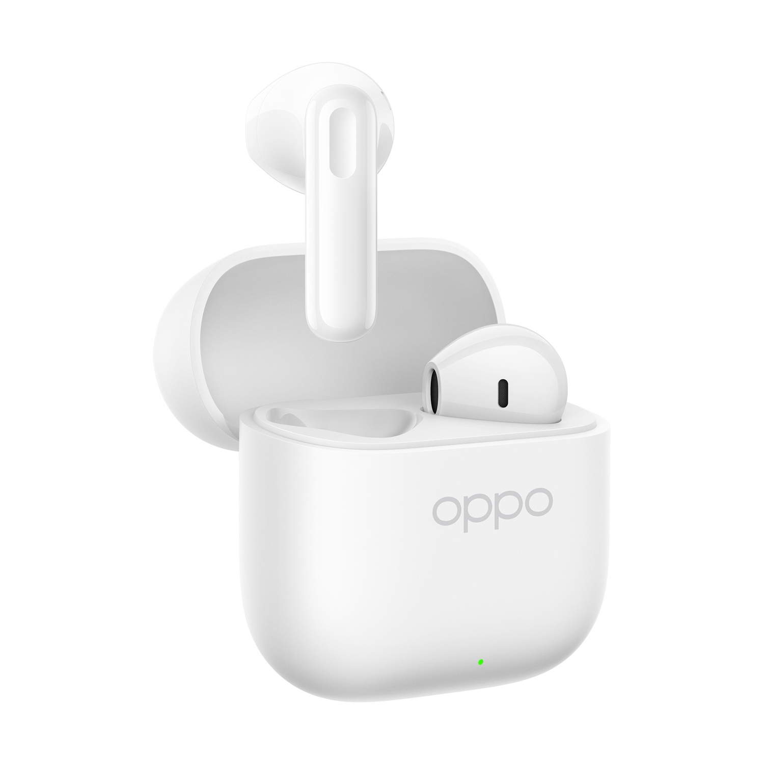 Auricolari Oppo bianchi, uno nella custodia, l'altro fuori. La custodia è aperta.