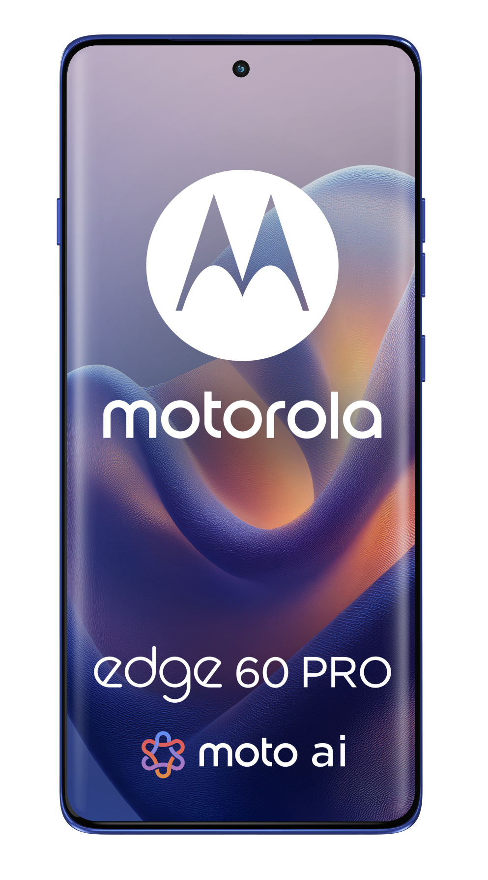 Niebieski smartfon Motorola Edge 60 Pro z ekranem wyświetlającym logo Motorola i tekst Edge 60 Pro.