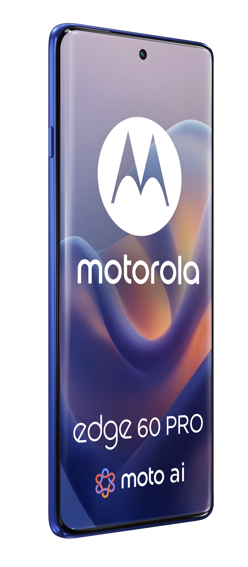 Niebieski telefon Motorola Edge 60 Pro wyświetla logo Motorola i tekst Edge 60 Pro na ekranie.