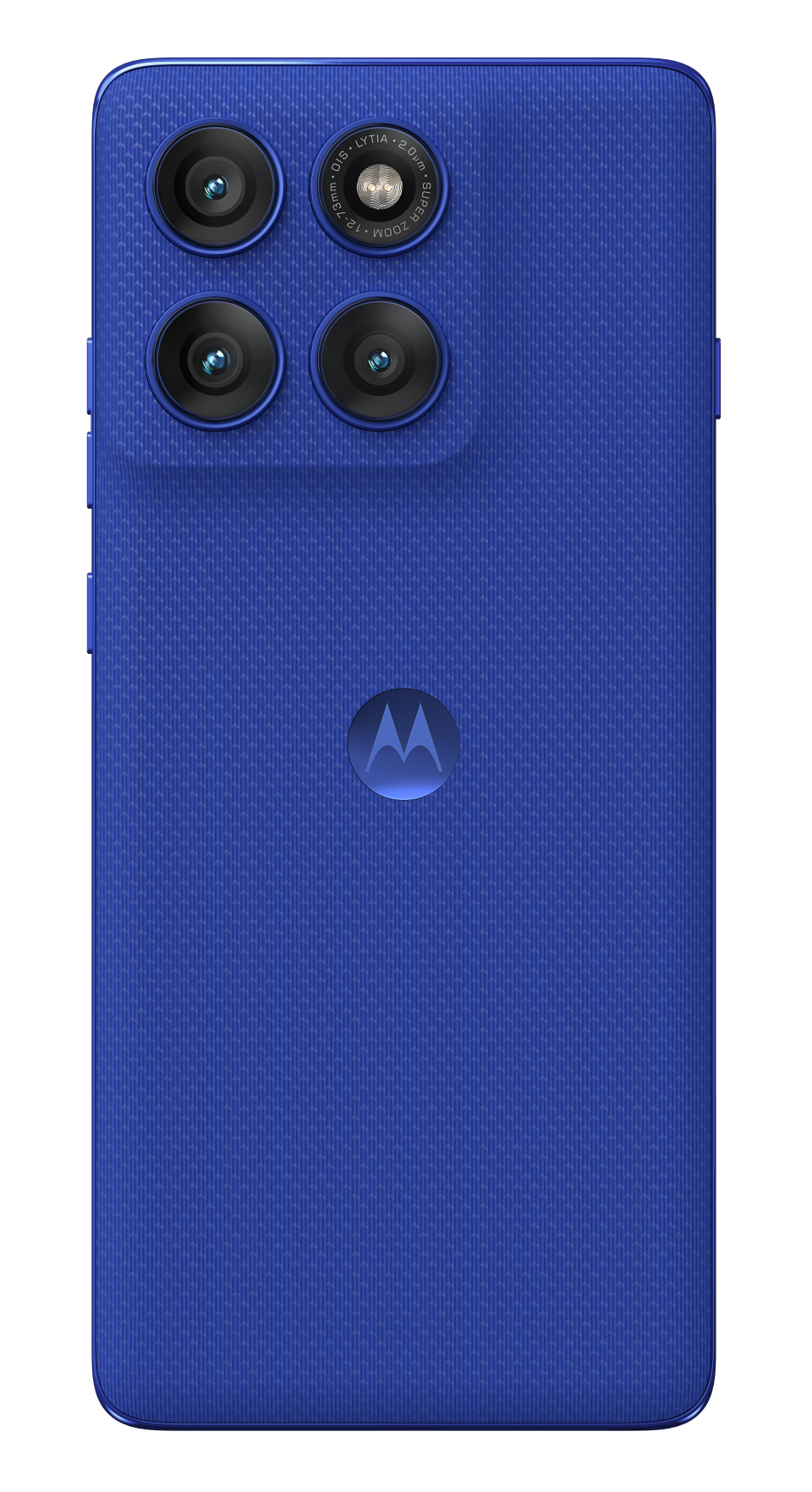 Niebieski telefon z 4 aparatami i logo Motorola.