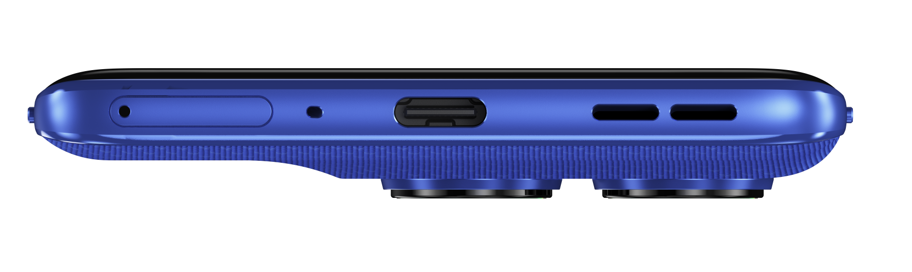Widok z boku niebieskiego telefonu z aparatem i portami ładowania.