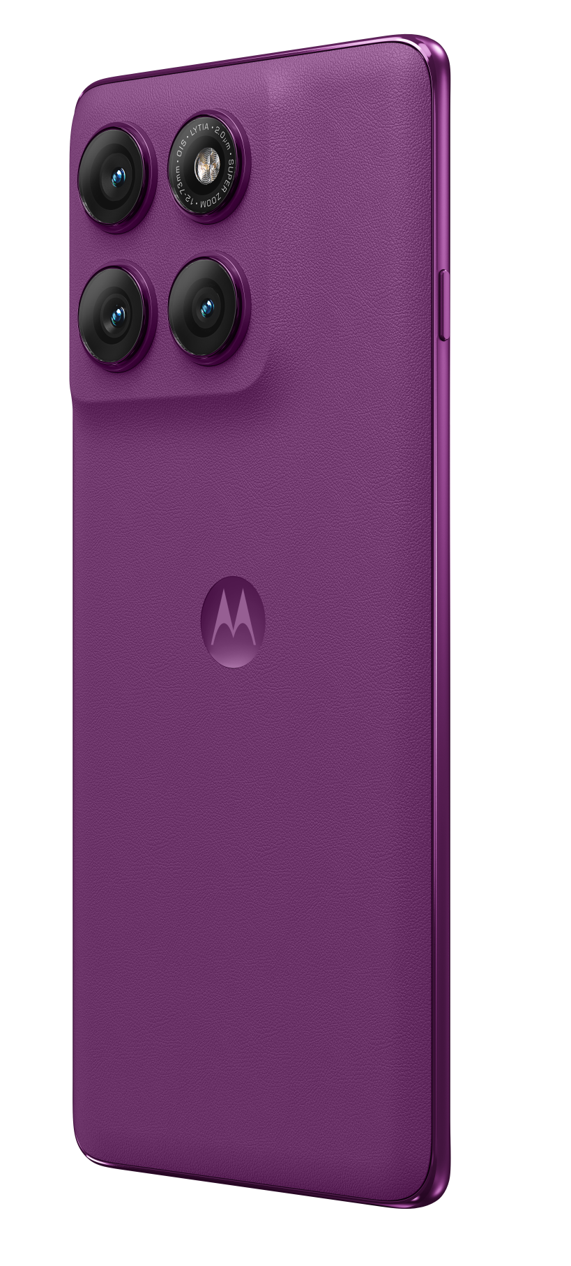 Fioletowy telefon Motorola, widok z tyłu z czterema aparatami i logo na czarnym tle.