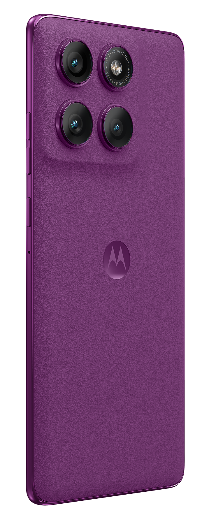 Fioletowy telefon Motorola, widok z tyłu z czterema aparatami i logo na czarnym tle.