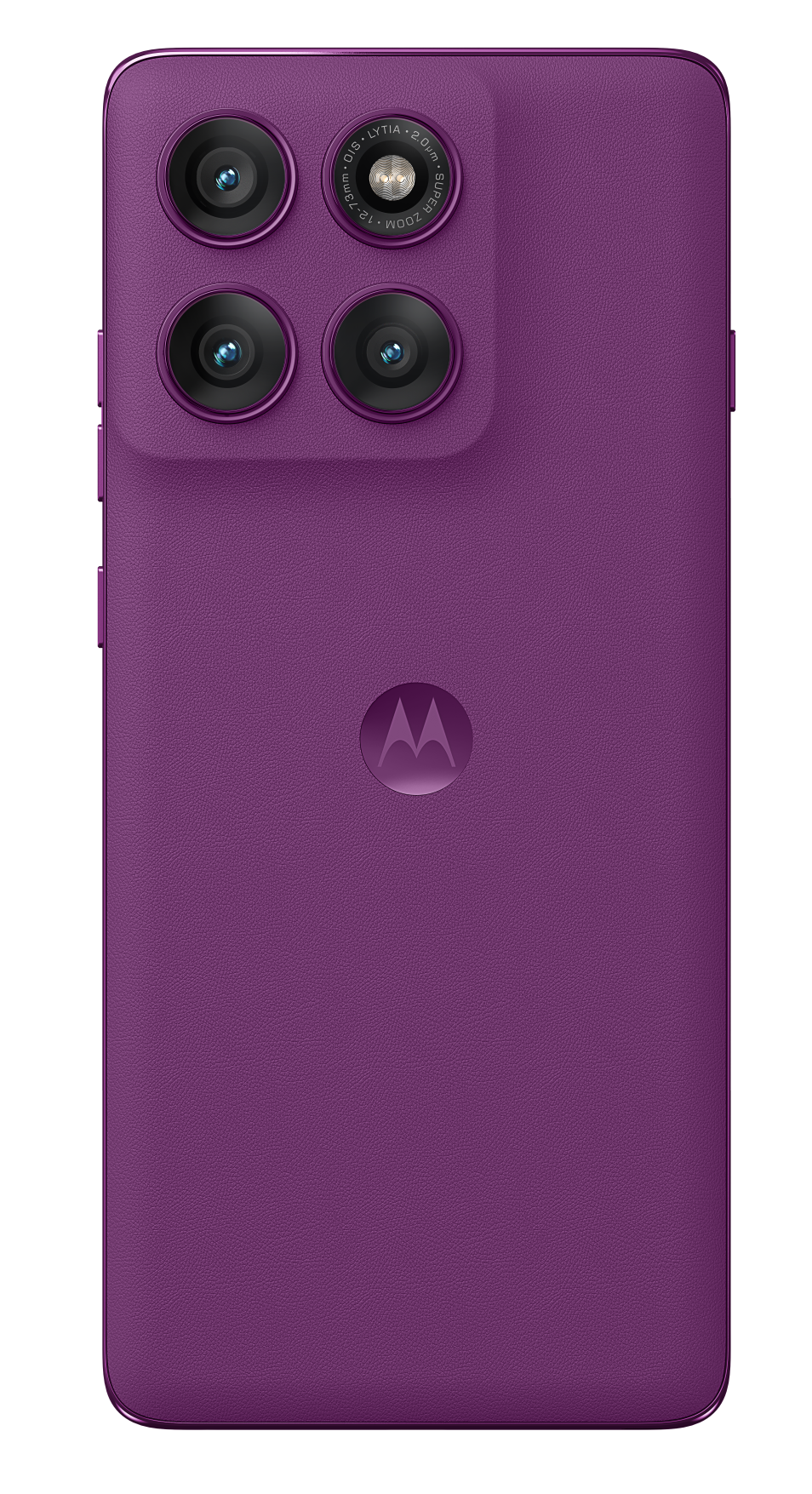 Fioletowy telefon Motorola, widok z tyłu z czterema aparatami i logo na czarnym tle.
