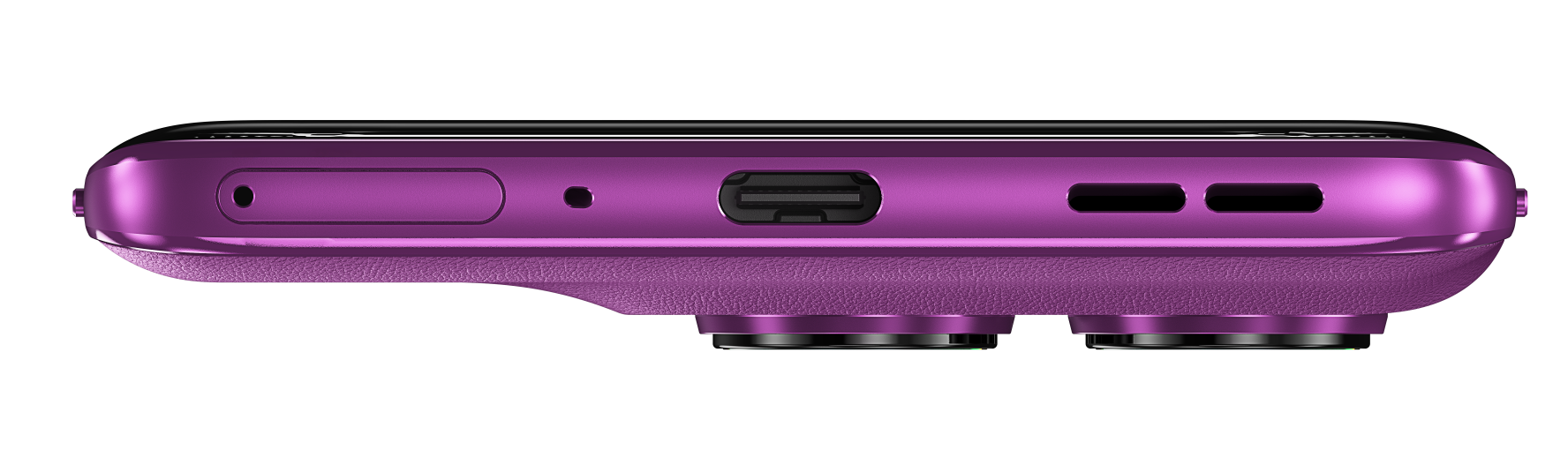 Widok od dołu fioletowego telefonu Motorola z portem i przyciskami na czarnym tle.