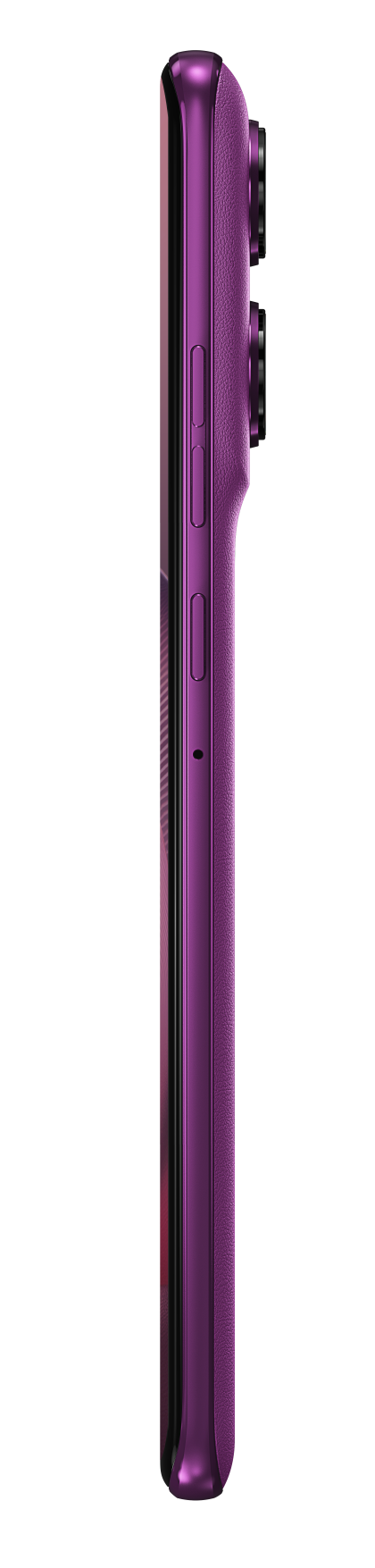 Widok z boku fioletowego telefonu Motorola na czarnym tle.