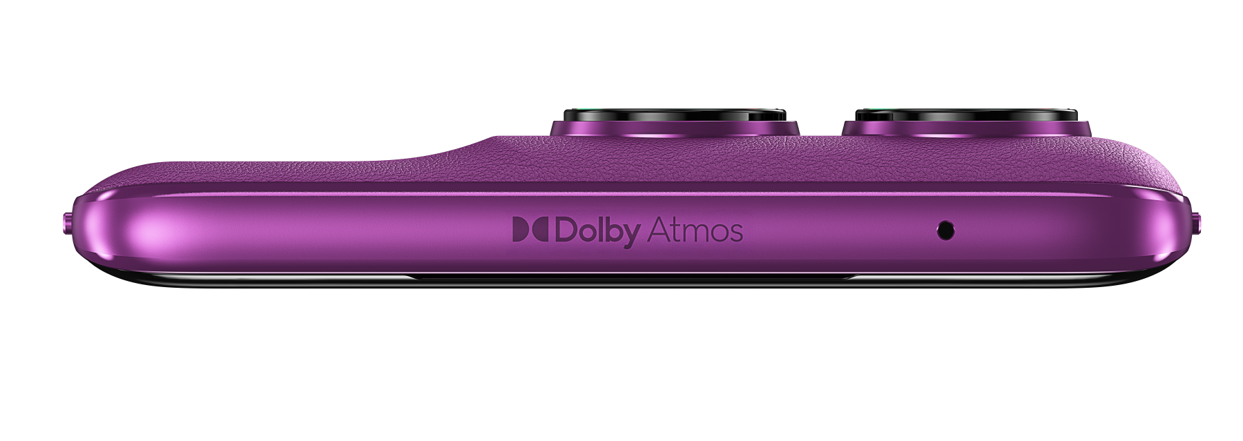 Widok od dołu fioletowego telefonu Motorola z Dolby Atmos na czarnym tle.