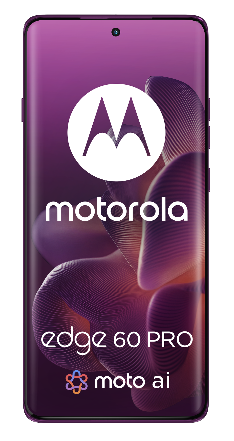 Widok z przodu fioletowego telefonu Motorola Edge 60 PRO na czarnym tle.