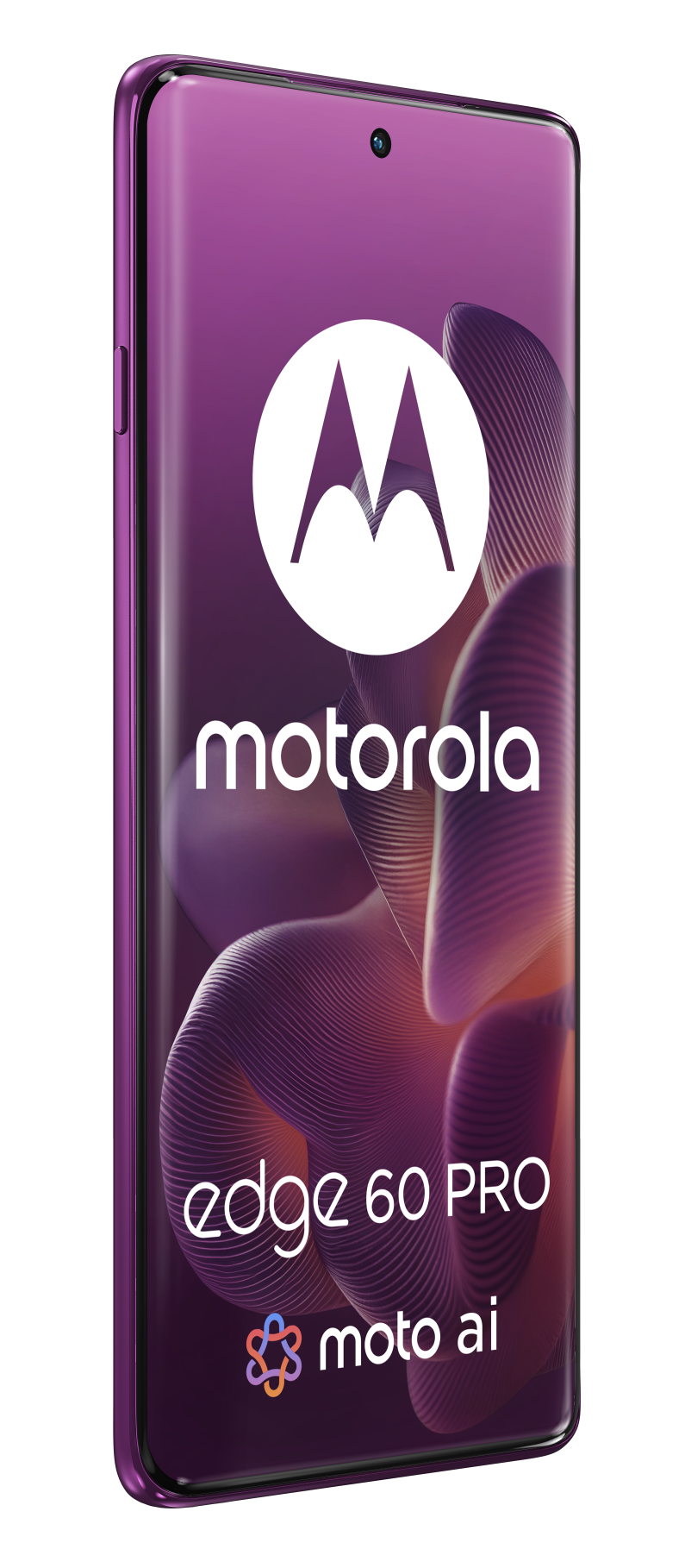 Widok pod kątem fioletowego telefonu Motorola Edge 60 PRO na czarnym tle.