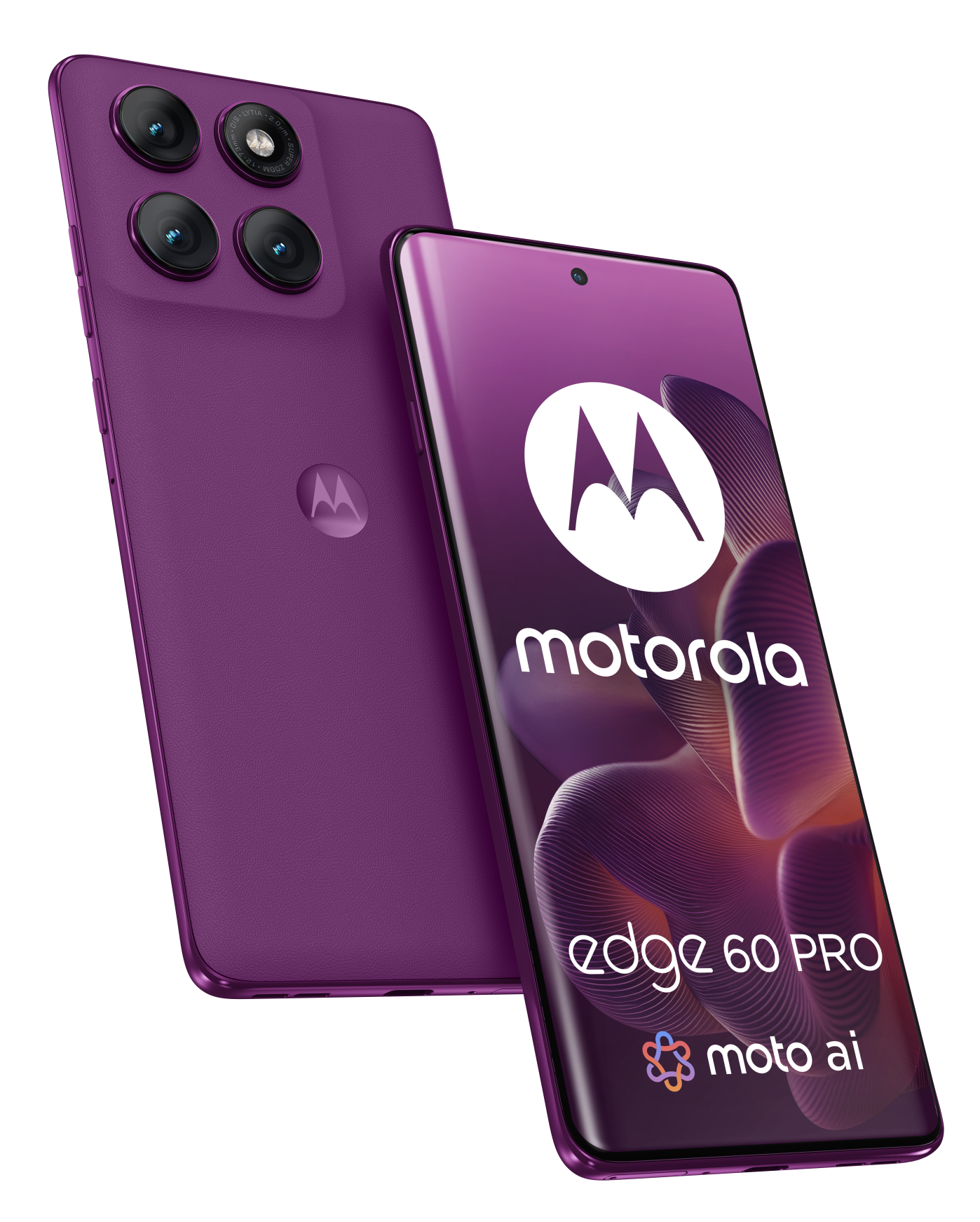 Telefon Motorola Edge 60 PRO, widok z przodu i z tyłu. Fioletowy telefon na czarnym tle.