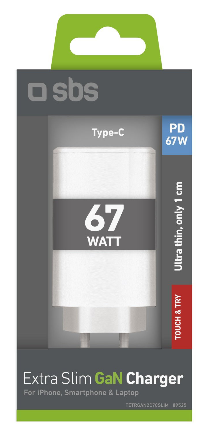 Pudełko ładowarki SBS. Biało-szare z tekstem i zielonym wierzchem. Pokazuje białą ładowarkę.