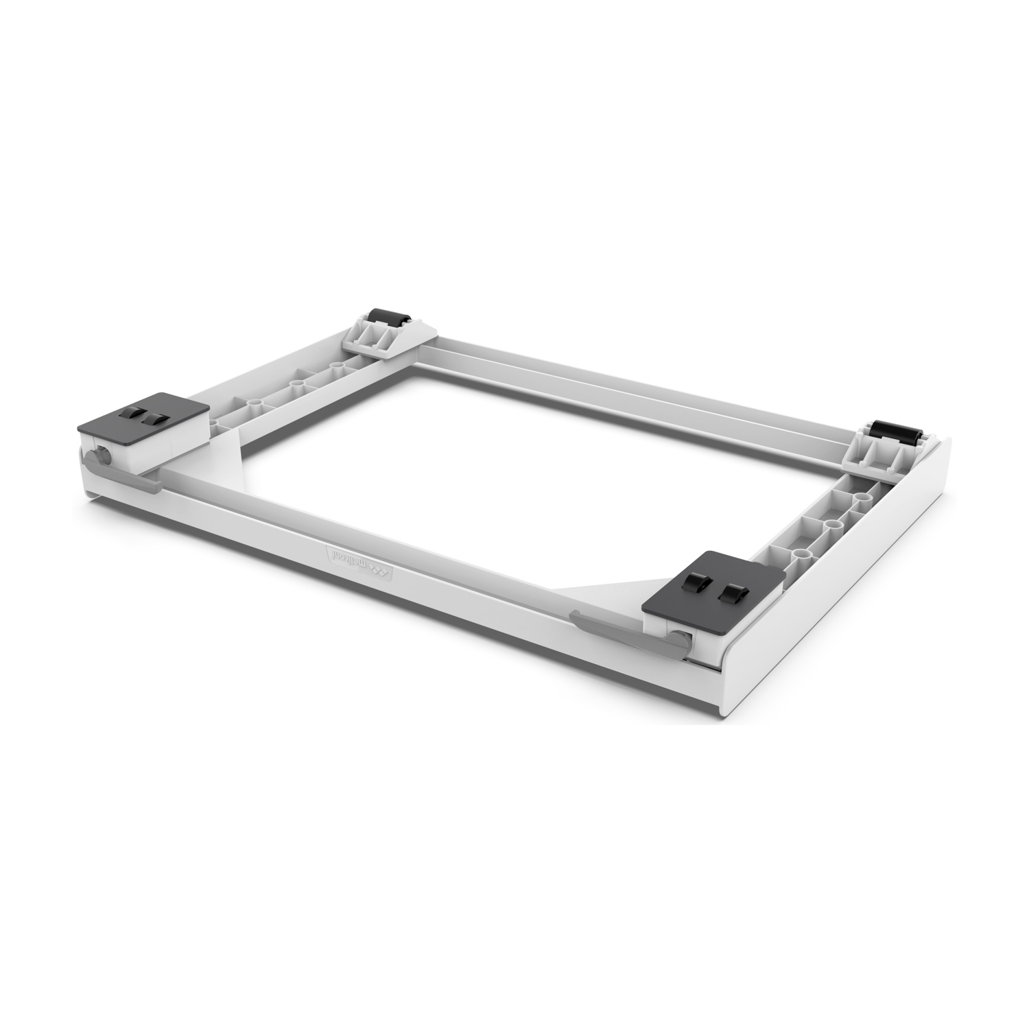 Un supporto bianco per lavatrice con quattro gambe su sfondo bianco.