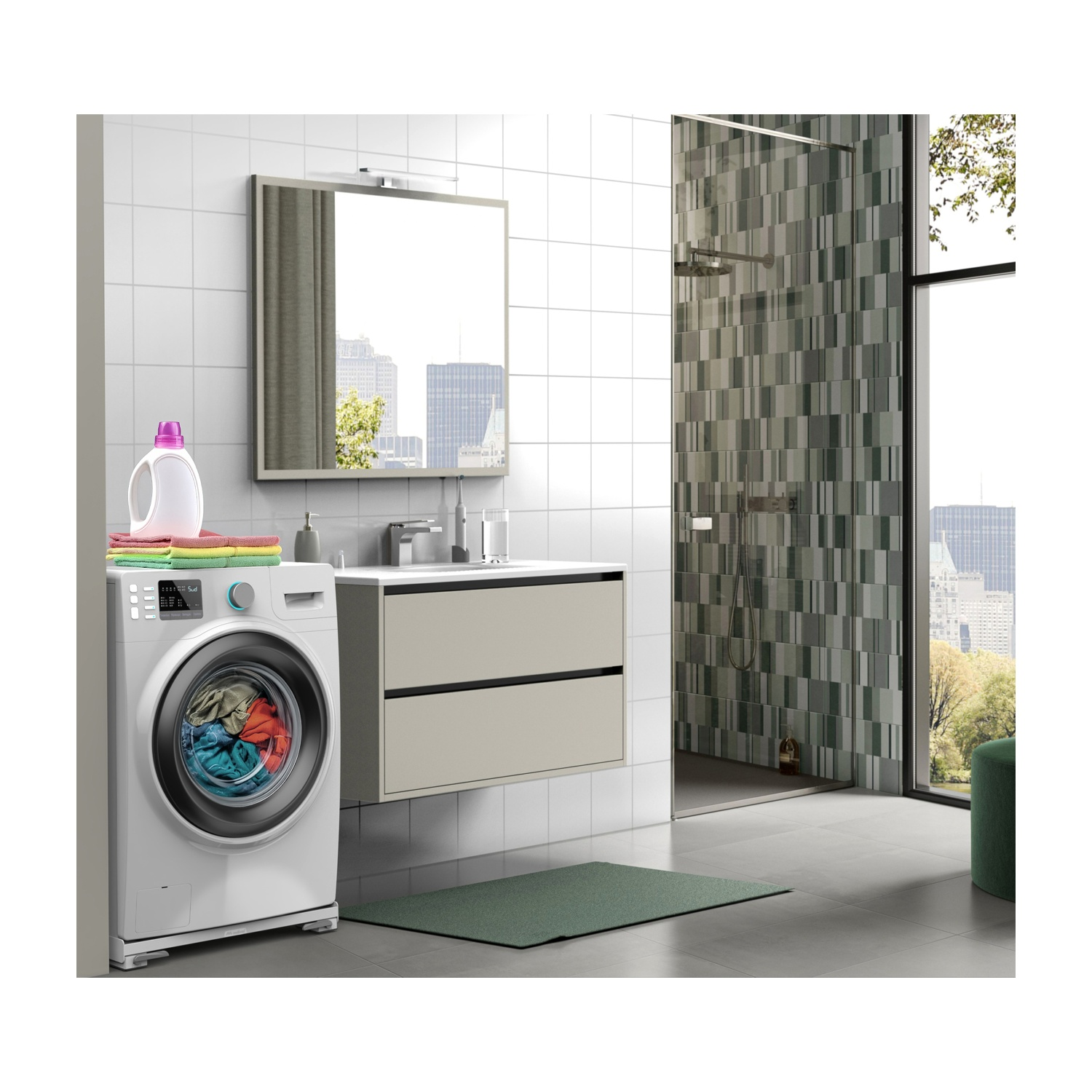 Un bagno con lavatrice, lavandino, specchio e tappetino verde. Piastrelle bianche.