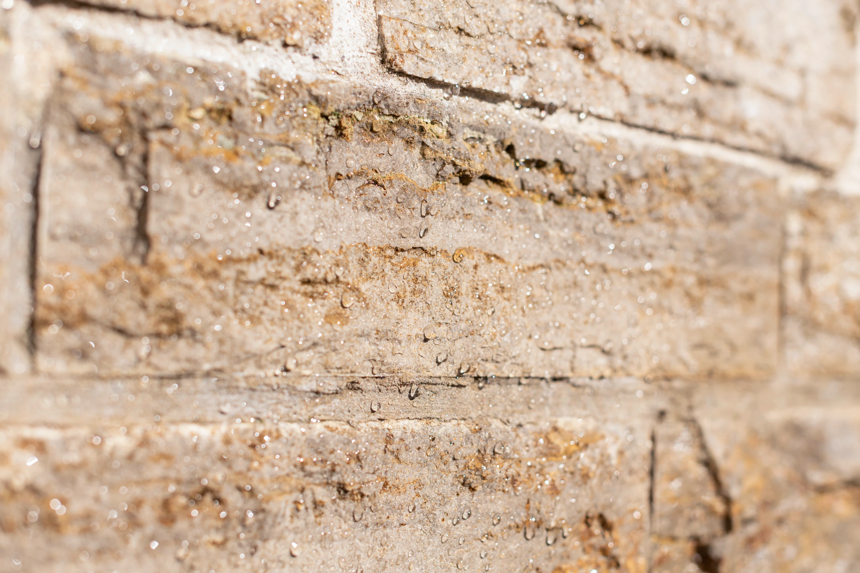 Zbliżenie ceglanej ściany z kroplami wody na powierzchni.