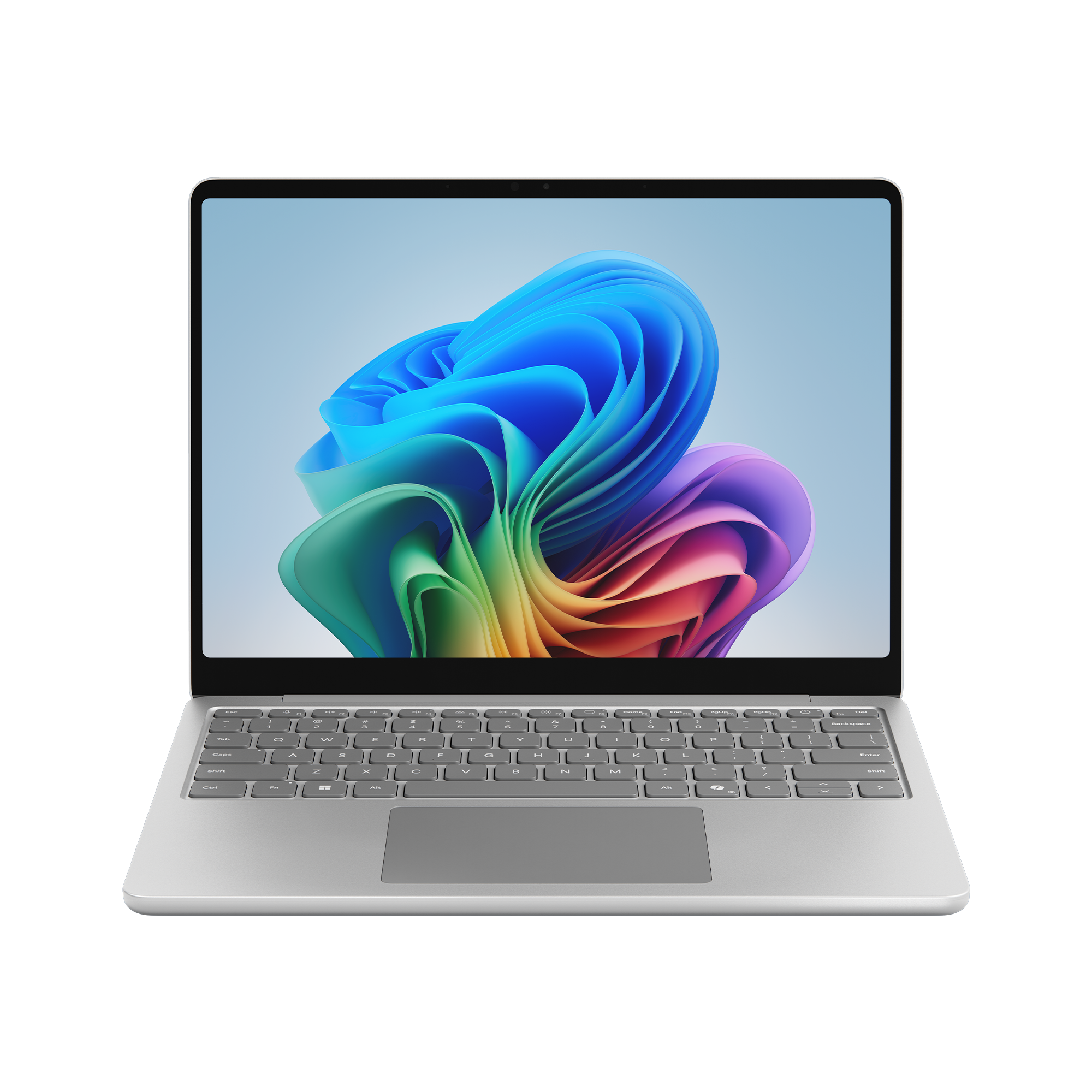 Ein silberner Laptop geöffnet, mit buntem, abstraktem Bildschirm.