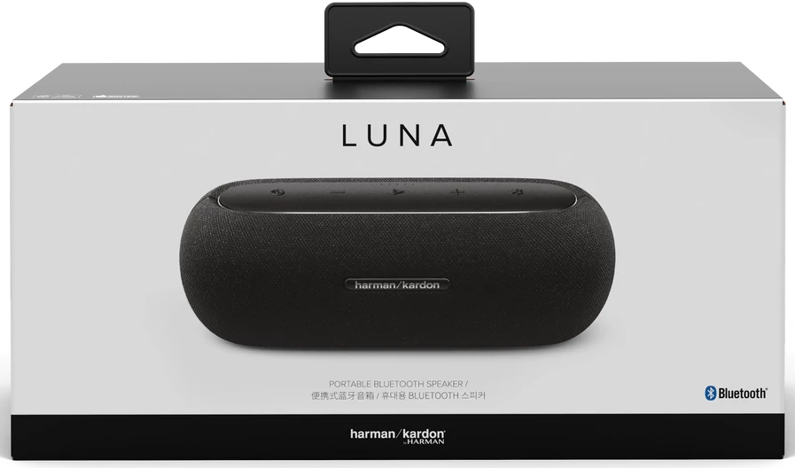 Dobozos fekete hangszóró 'LUNA' felirattal, 'harman/kardon' és Bluetooth logóval.