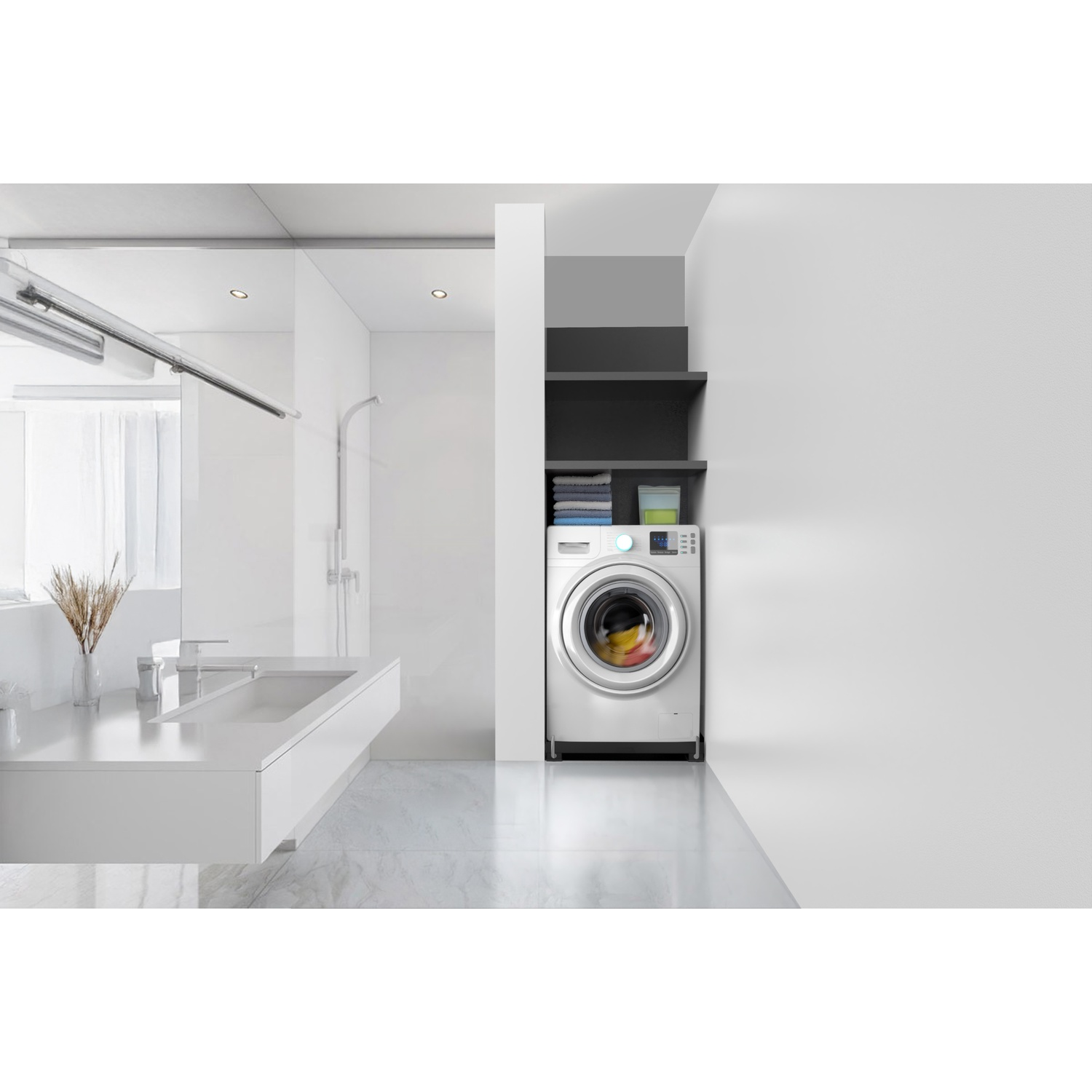 Un bagno moderno con lavatrice, lavandino bianco e decorazioni. I colori sono bianco e grigio.