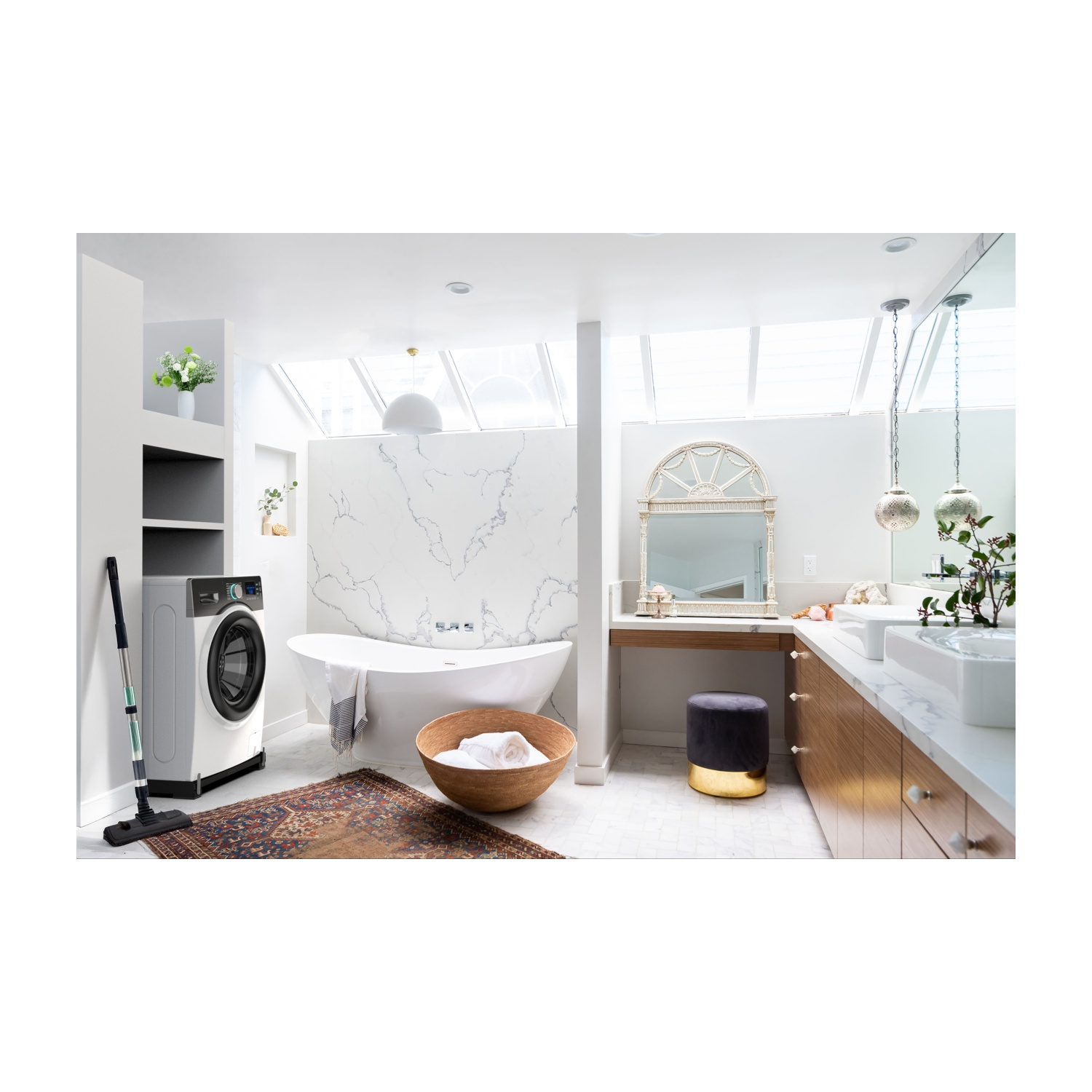 Bagno con lavatrice, vasca da bagno e vanità. I colori sono bianco, legno e grigio.