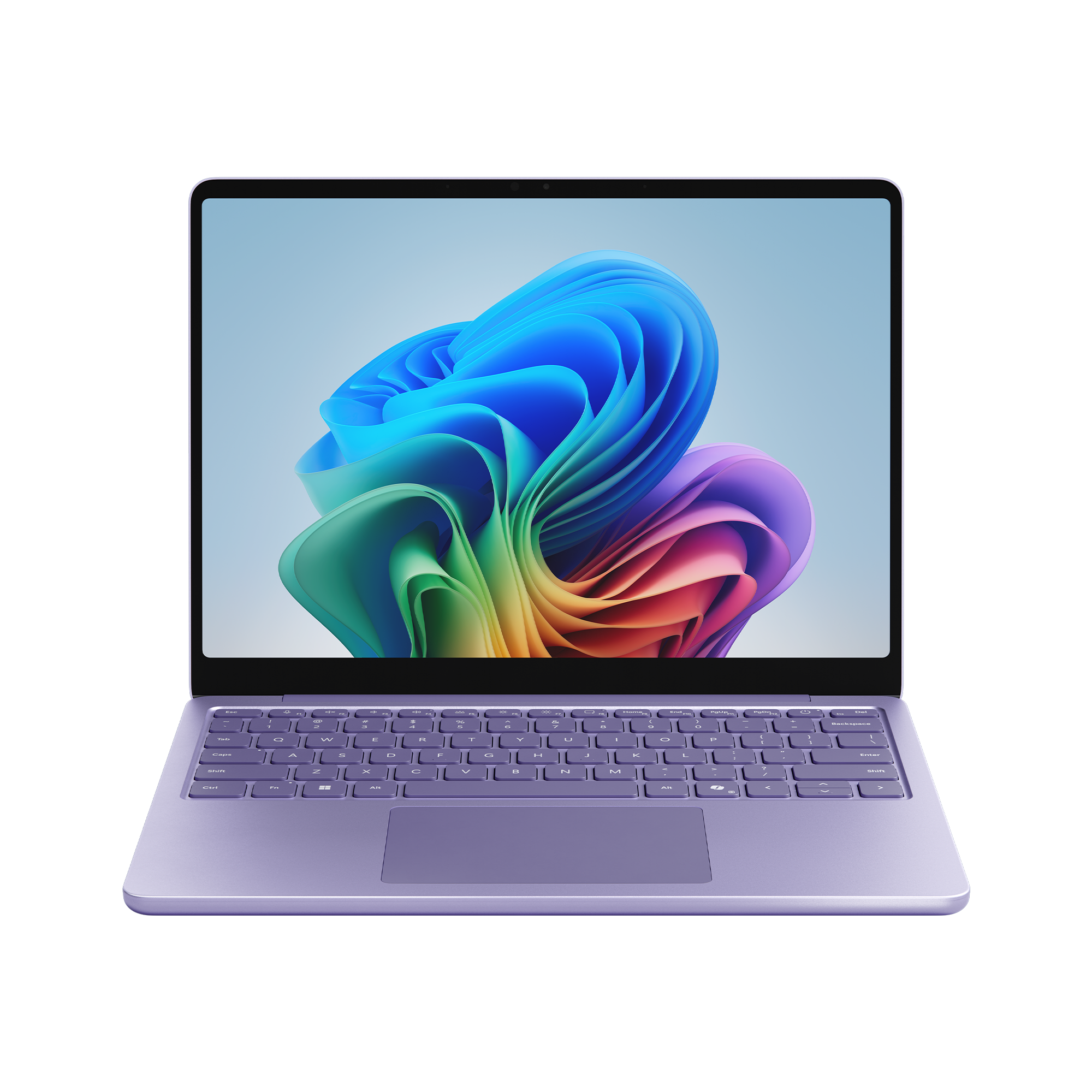 Lila Laptop offen, mit farbenfrohem Bildschirm und schwarzem Hintergrund.