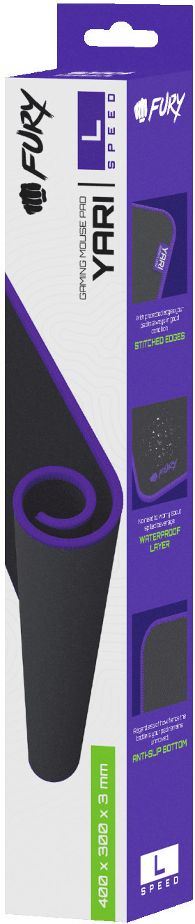 Opakowanie czarnej podkładki pod mysz. Pokazuje zwiniętą podkładkę i cechy na boku.