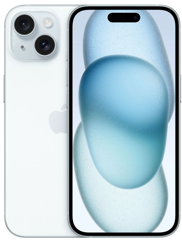 Solda kamera ve mavi desenli ekranı olan beyaz telefon.