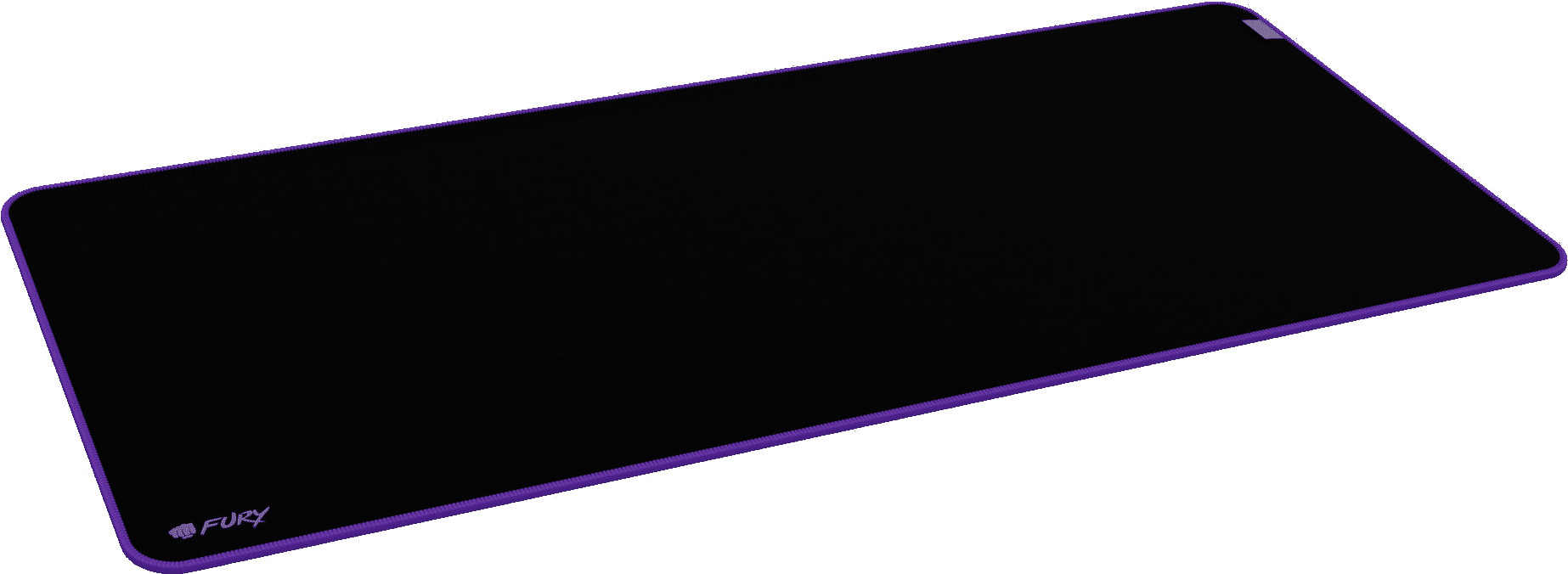 Czarna prostokątna podkładka pod mysz gamingową z fioletowymi krawędziami. Logo 'FURY' na dole po lewej, 'YARI' po prawej.