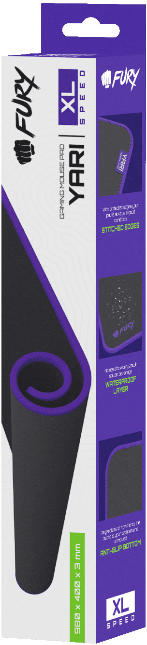 Opakowanie podkładki pod mysz gamingową. Pudełko jest biało-fioletowe, z podkładką zwiniętą w środku.