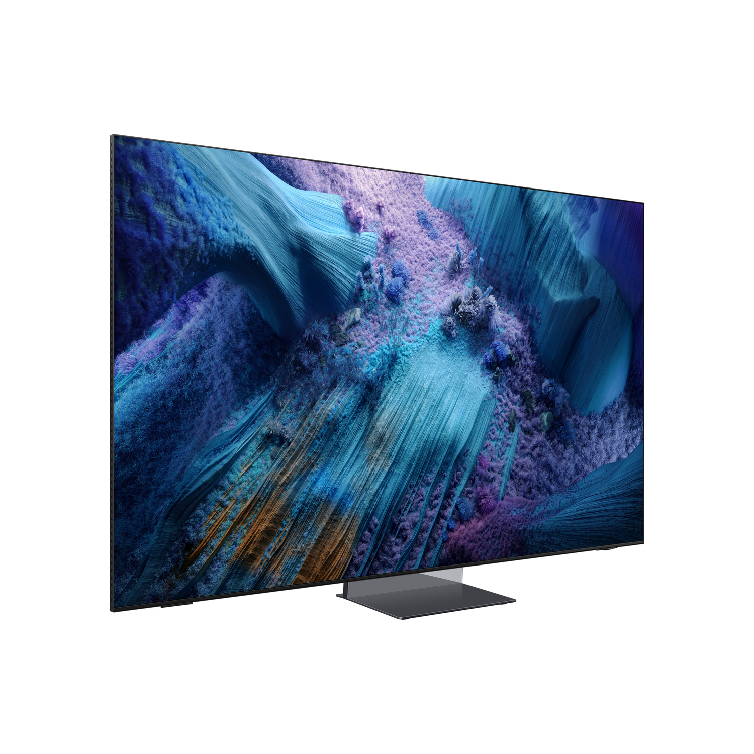 Side view of Samsung Neo QLED 8K TV. Black frame, silver base, display shows blue and purple abstract landscape.