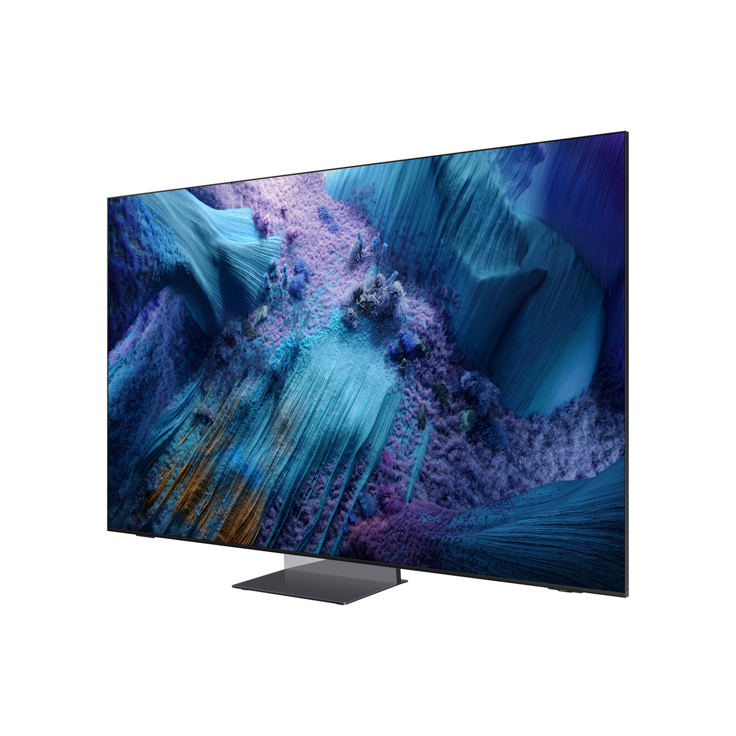 Angled view of Samsung Neo QLED 8K TV. Black frame, silver base, display shows blue and purple abstract landscape.