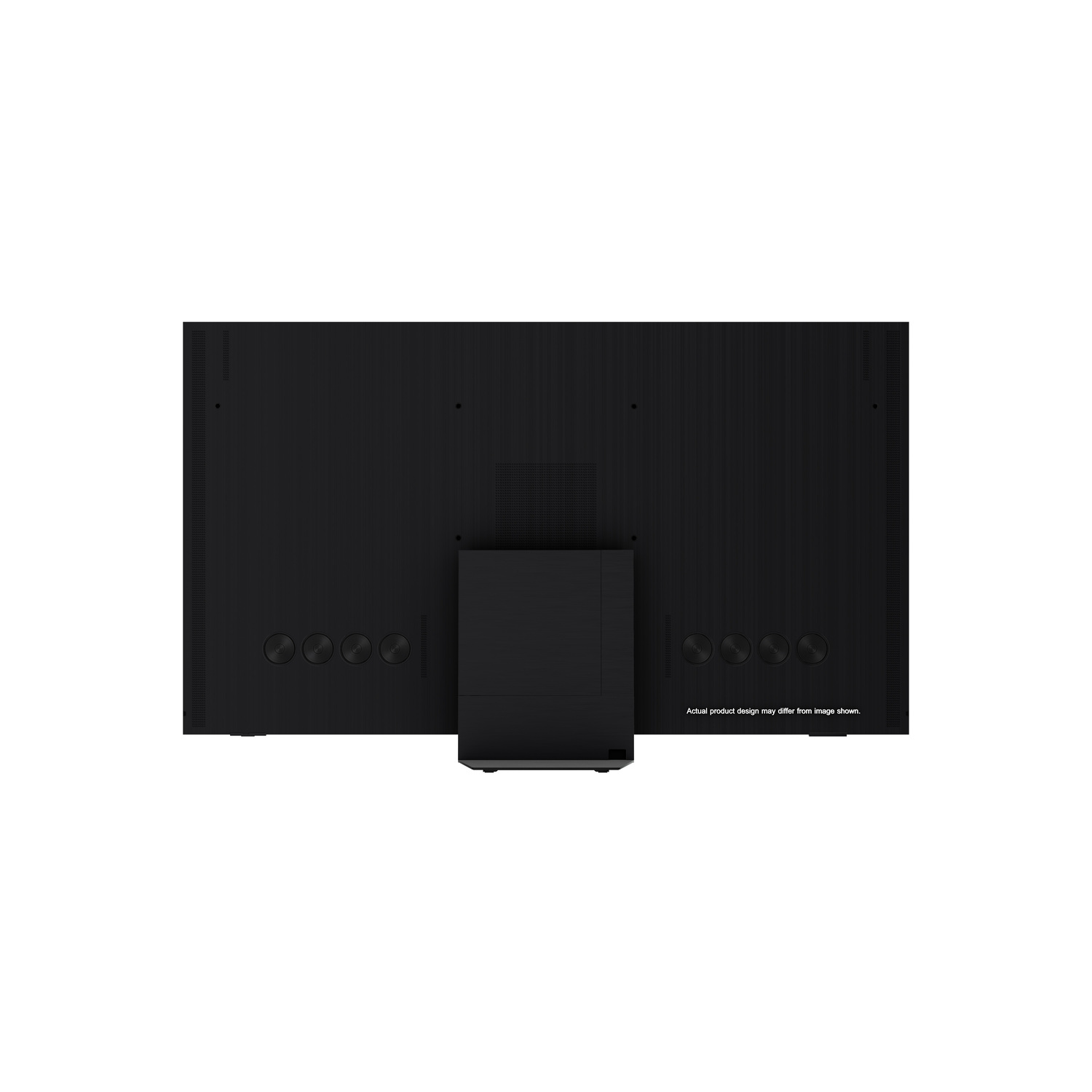 Back of a black TV on a white background. It has a stand and several circular buttons. The surface has a textured pattern.