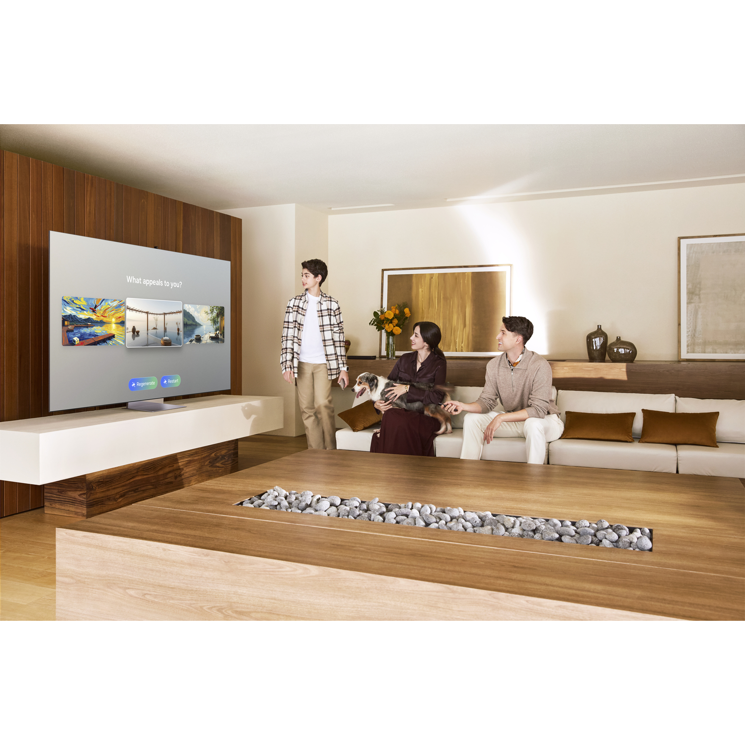 A family looking at a TV with various images. A dog is being held. Modern living room.