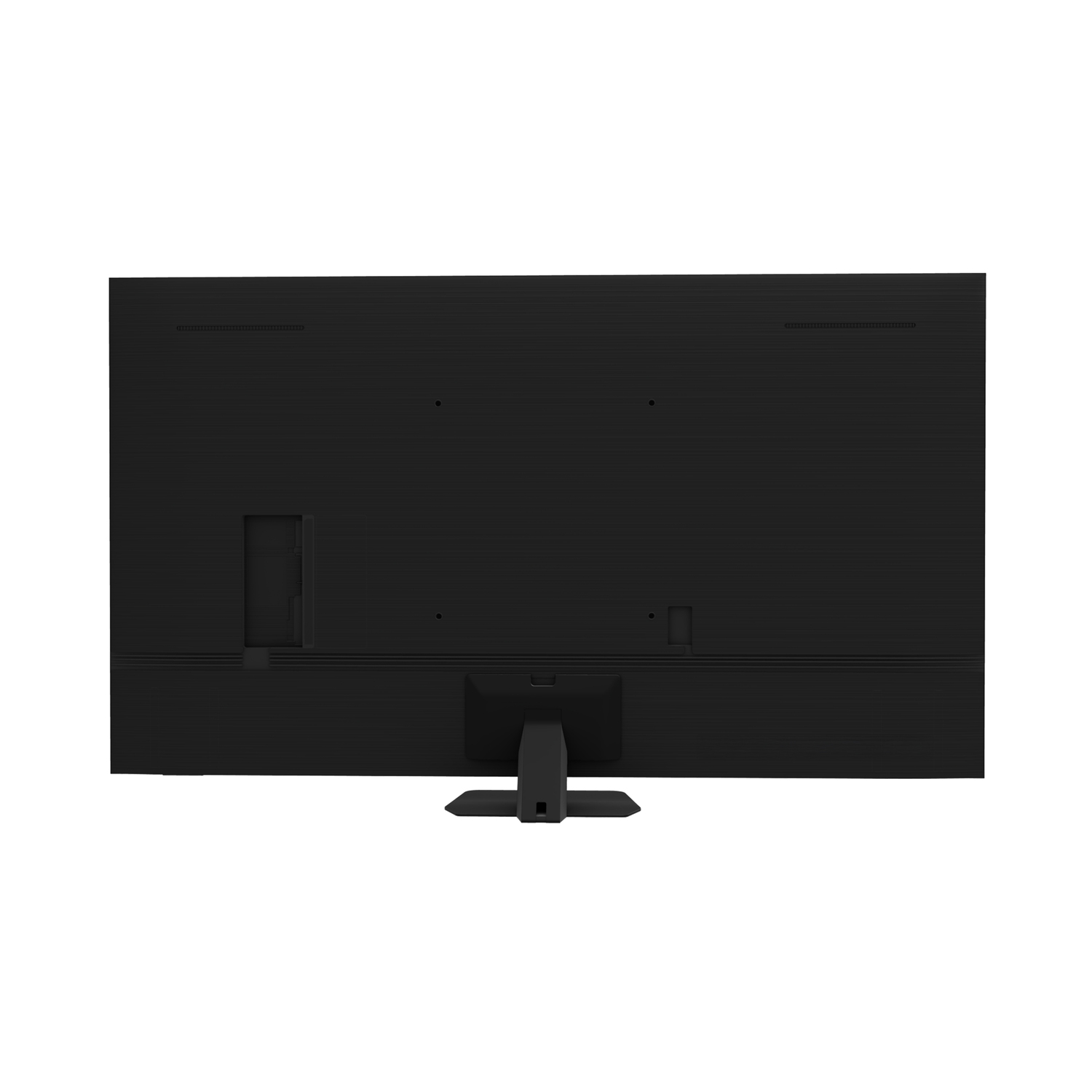 The back of a black Samsung TV. There is a stand and several ports. The surface is textured.