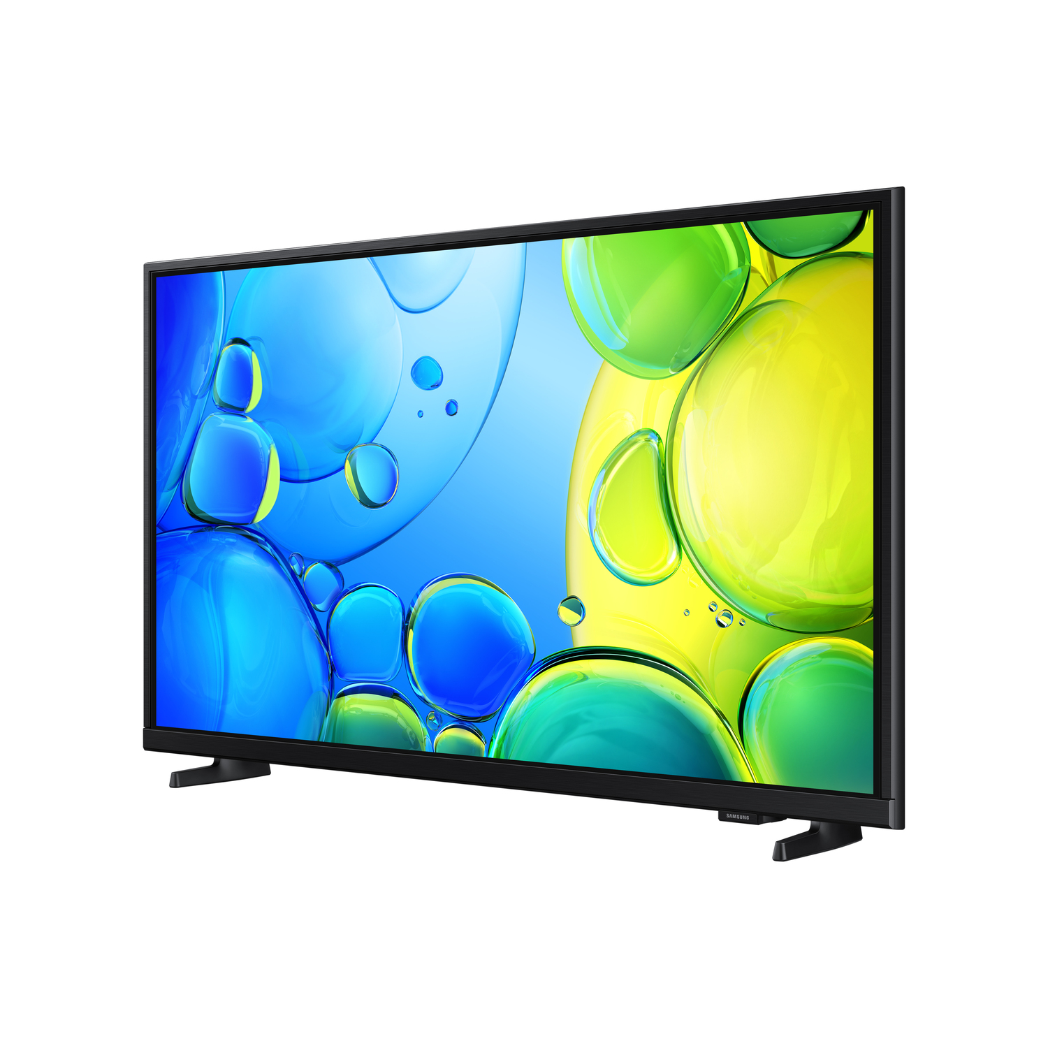 A Samsung TV displays an abstract background of blue, green, and yellow bubbles. Angled view.