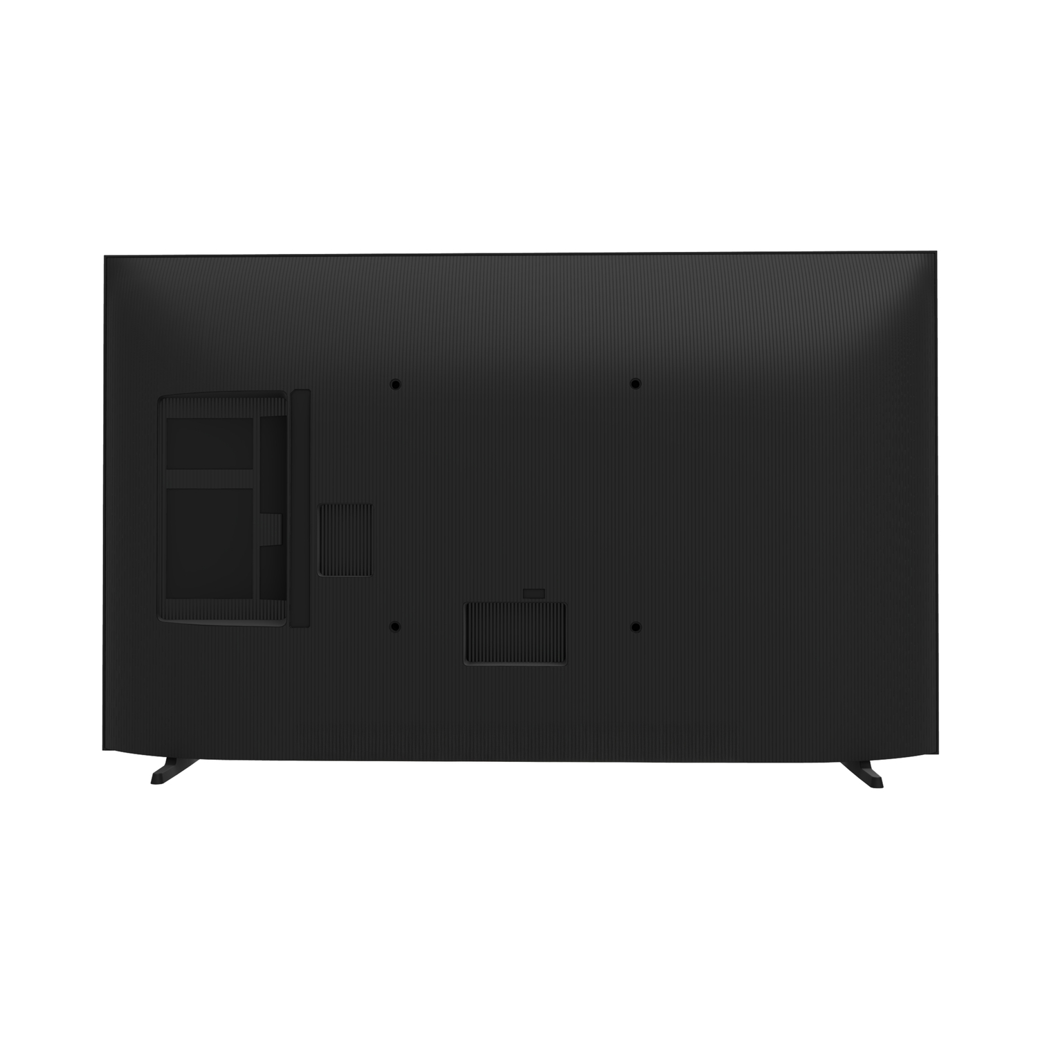 Rear view of a black TV. Shows ports, ventilation, and mounting points.